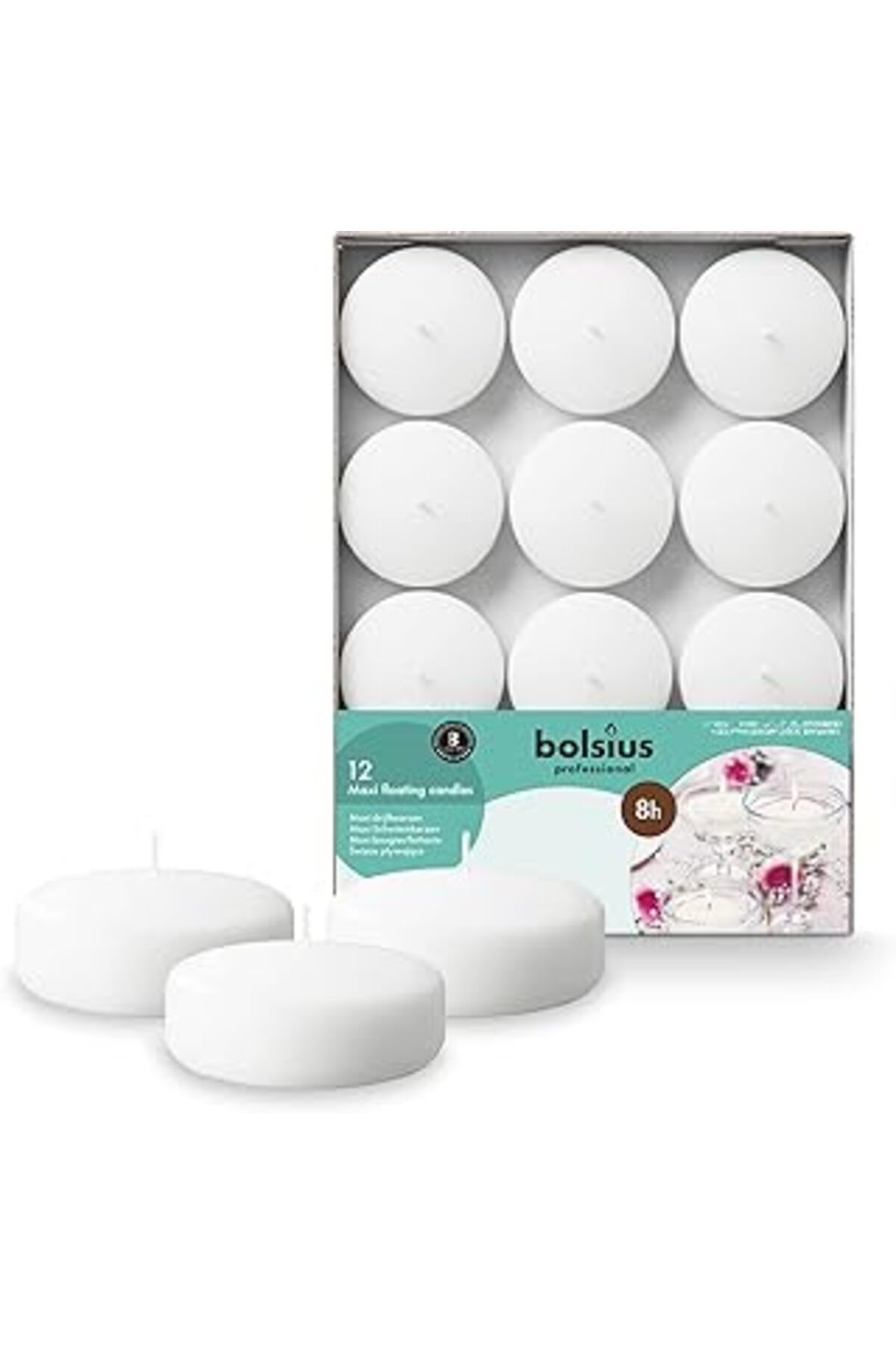 Roses Store Bolsius Beyaz Mega Yüzen Mumlar, 8 Saat Yanma Süreli, Ø 7,6 Cm Çapında, 12 Adet
