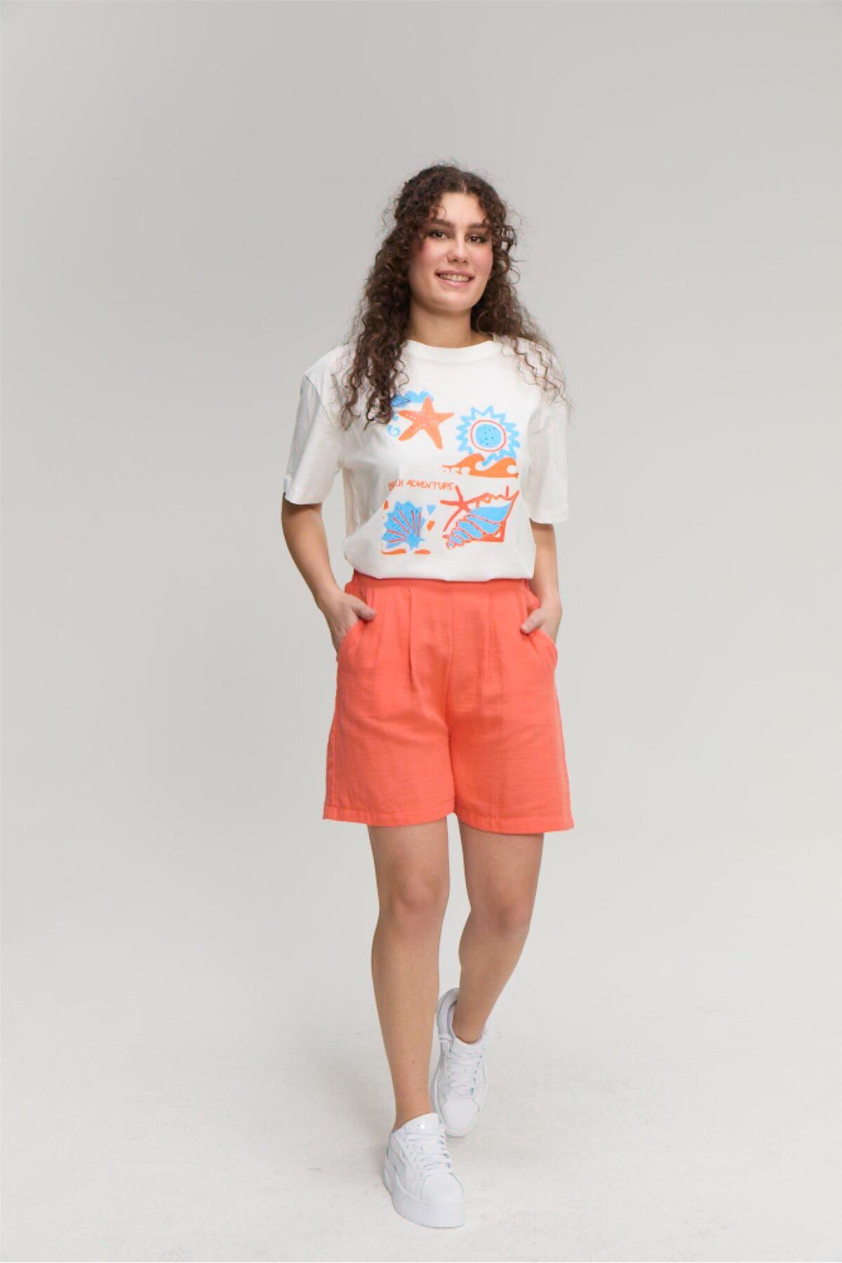 FİTHİT Çetinkaya Fithit 8374 Bisiklet Yaka 30/1 Penye Baskılı Oversize T-shirt Krem