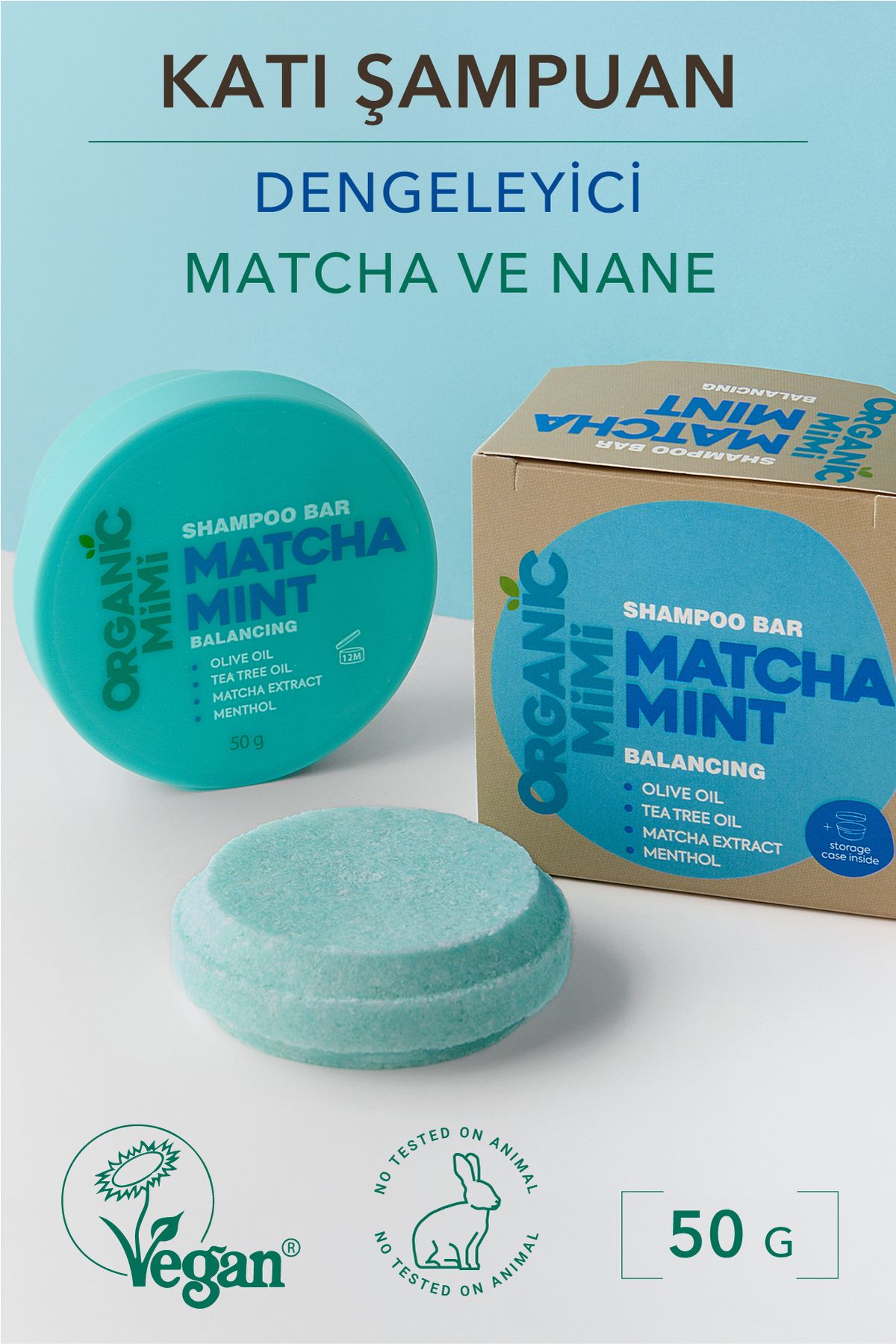 ORGANİC MİMİ Katı Şampuan Matcha Mint, Yağlı Saçlar İçin Hacim Veren ve Kepeğe Karşı Ferahlatıcı Şampuan, 50 g