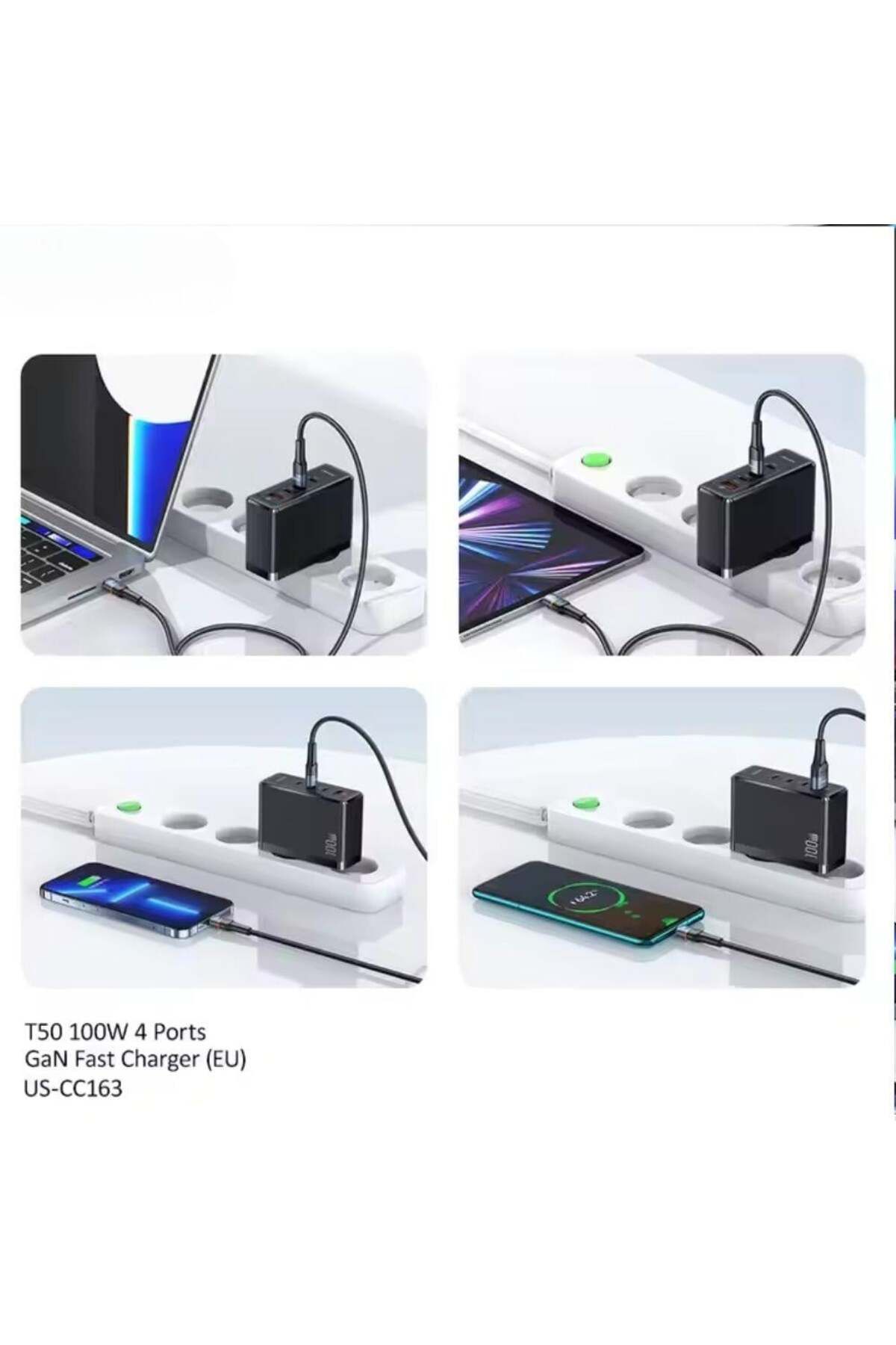 ACL FC24 100W GaN Hızlı Şarj Adaptörü 3xUSB-C 1xUSB-A Girişli PD Destekli Çoklu Şarj Cihazı
