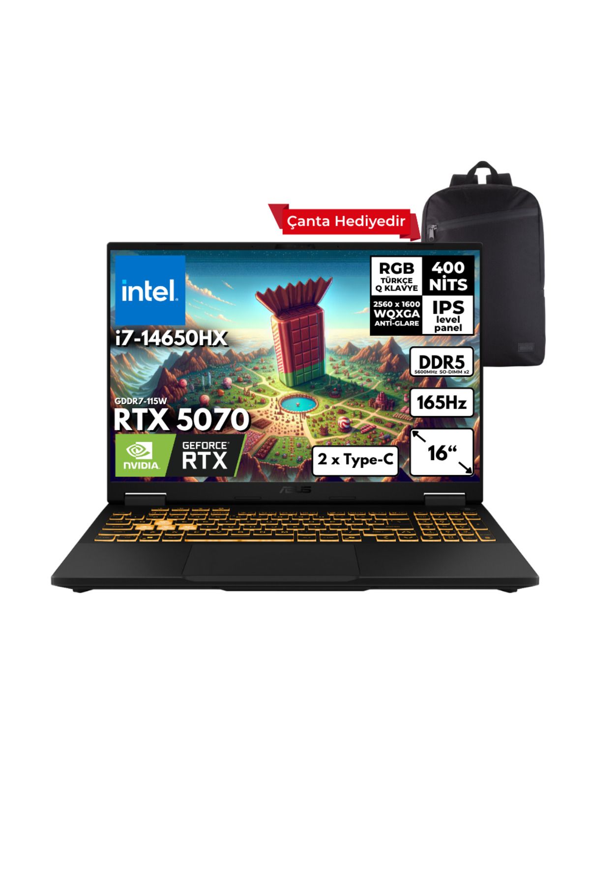 ASUS TUF F16 i7-14650HX 64GB 2 TBSSD RTX5070 (8GB) 16" 2.5K Win10 Pro + Sırt Ç. FX608JPR-QT002HMF54