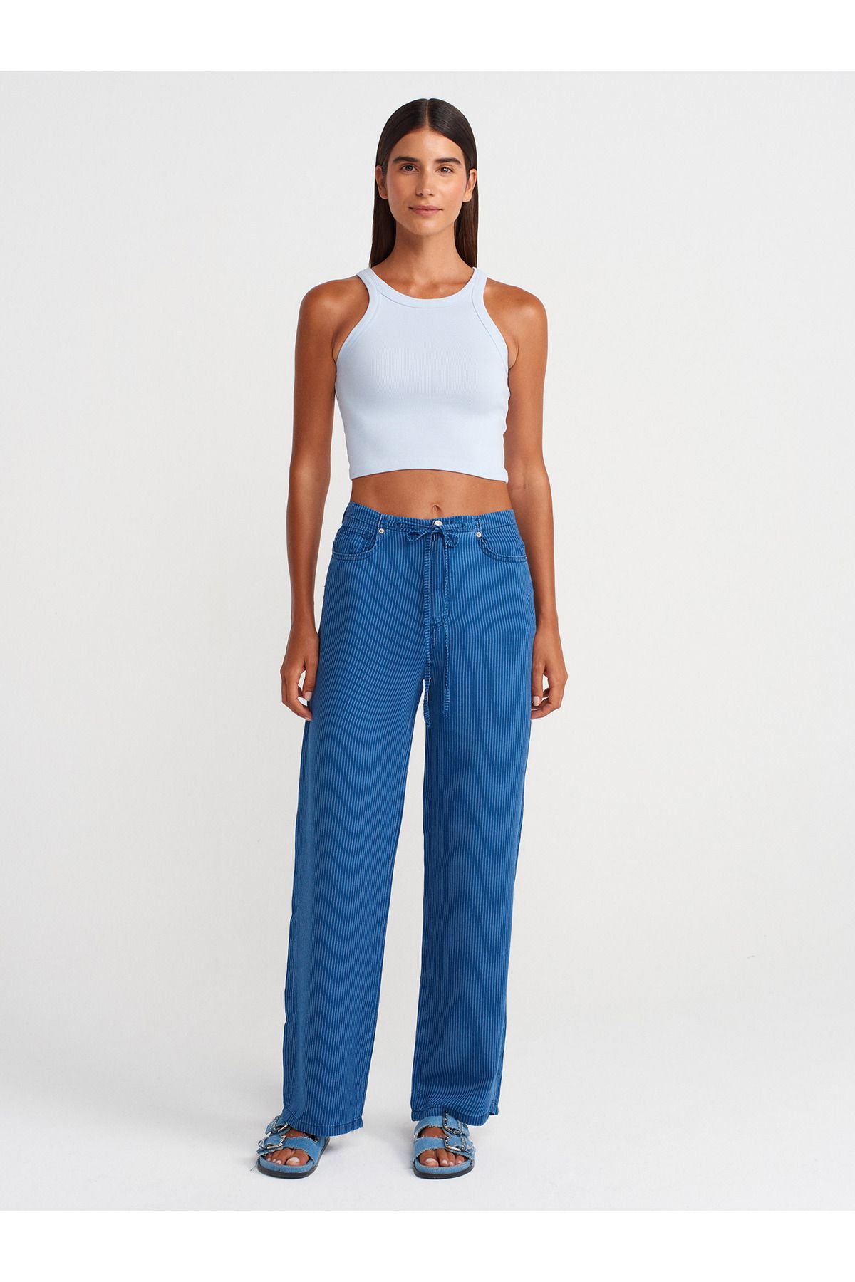 Dilvin 72022 Çizgili Lyocell Denim Pantolon-Lacivert