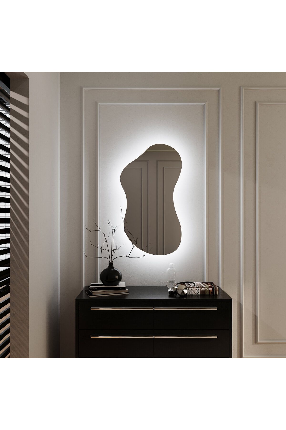 Aypars Atölye 50x90 Asimetrik LED Banyo Aynası – Gün Işığı& Beyaz Işıklı Modern Ayna, Dekoratif Flotal Cam Tasarım