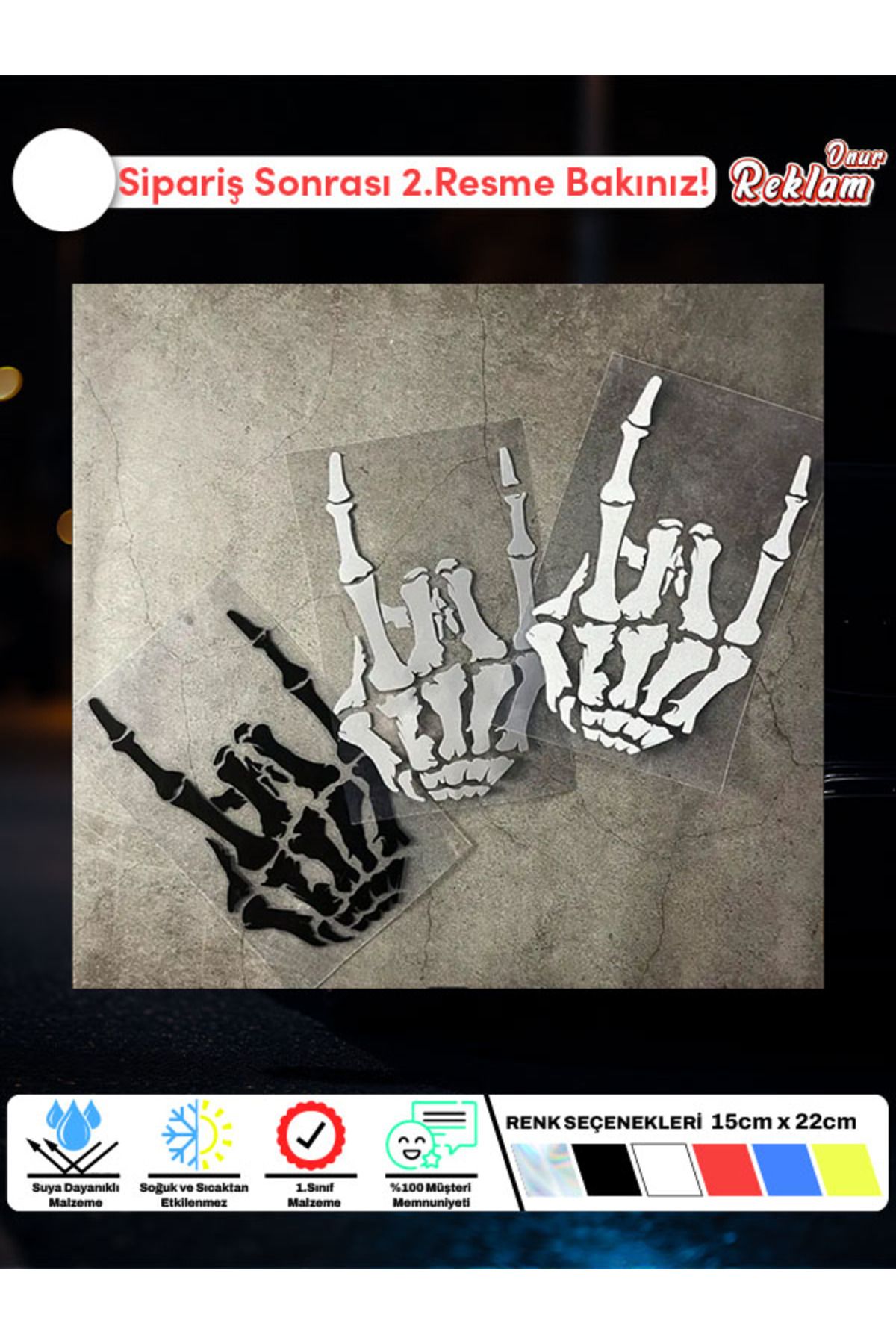 Onur Reklam İskelet El Rock İşareti Sticker – Suya Dayanıklı, 15x22 cm (Renk Seçenekli)