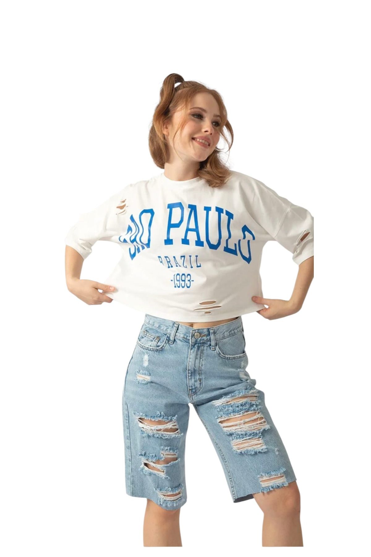 top girl SAO PAULO Baskılı Beyaz Oversize Kadın Crop Tişört