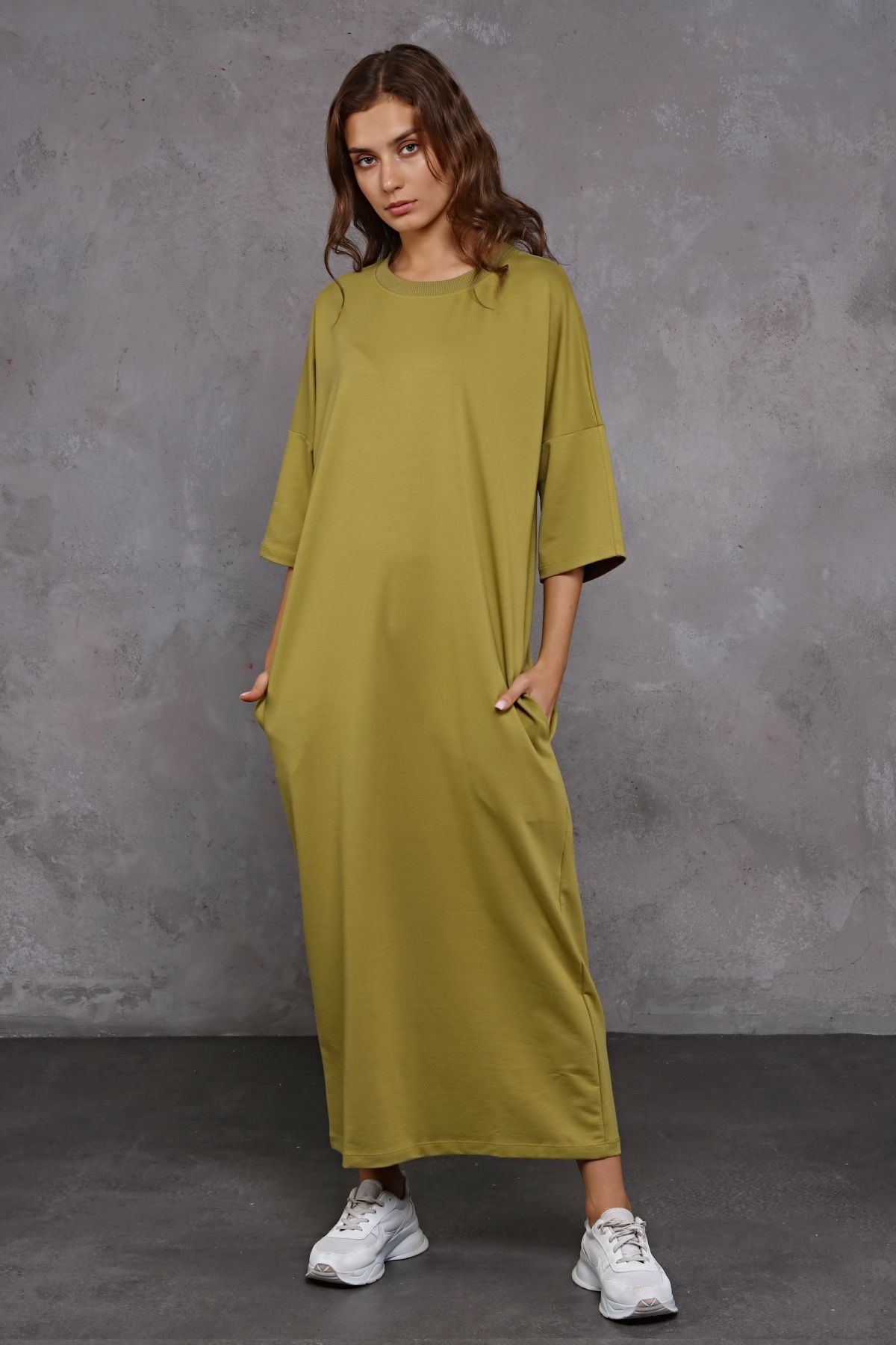 TF The Fancy For You Kadın Bisiklet Yaka Truvakar Kol Çift Cepli Oversize Uzun Elbise