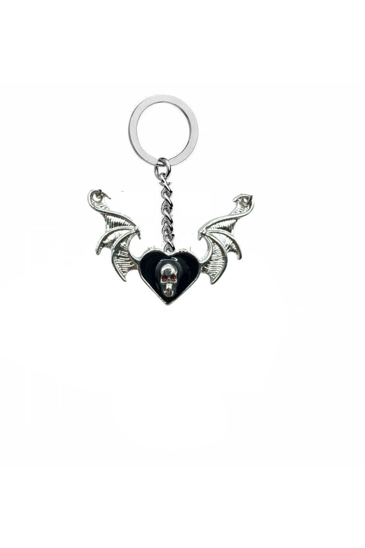 Herşey Nota Yarasa Kanatlı Skull Heart Unisex Zamak Kaplama Anahtarlık – Gotik Ruhun Cesur Simgesi