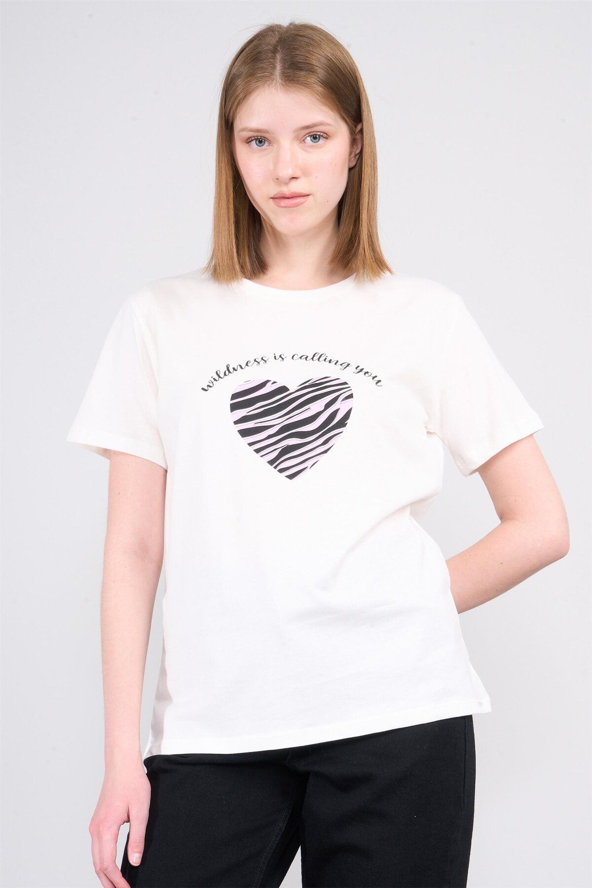FİTHİT Çetinkaya Fithit 8734 Bisiklet Yaka Baskılı ıT-shirt Krem