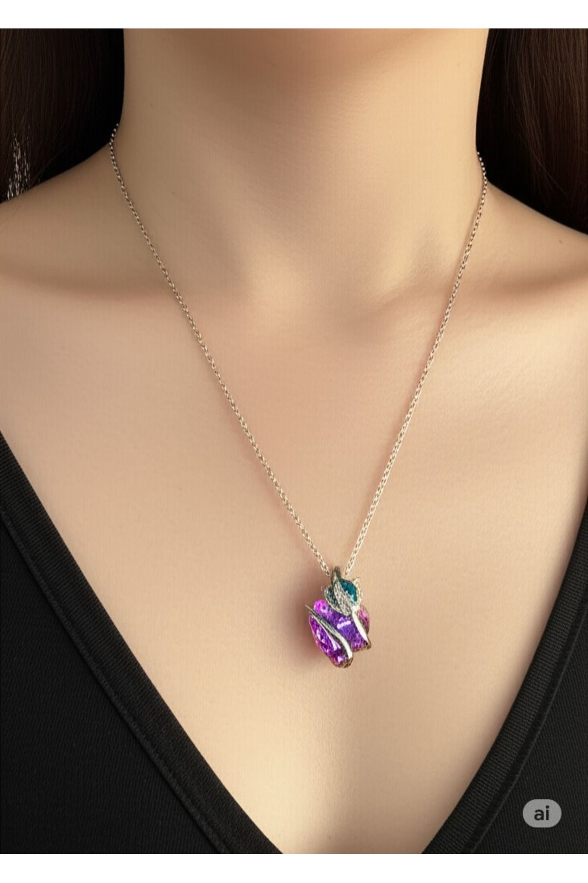 FAMEMUS ACCESSORY Çelik Mor Kalp Çiçeği Kolye Yaprak Detaylı