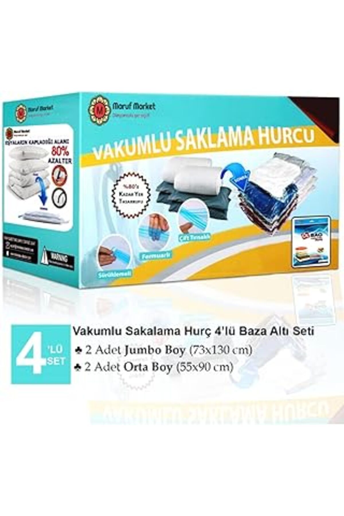 Qedii Beyyine Home Marufmarket Vakumlu Saklama Poşet Seti 4'Lü Baza Altı Için Uygundur Şeffaf
