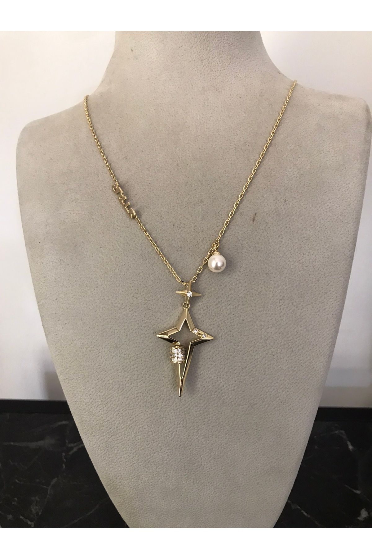 shop STAR KOLYE PARLAK İNCİ DETAYLI UZUN ZİNCİRLİ GOLD RENK (SARI) TAŞLI KUZEY YILDIZI MODEL STAR YAZILI