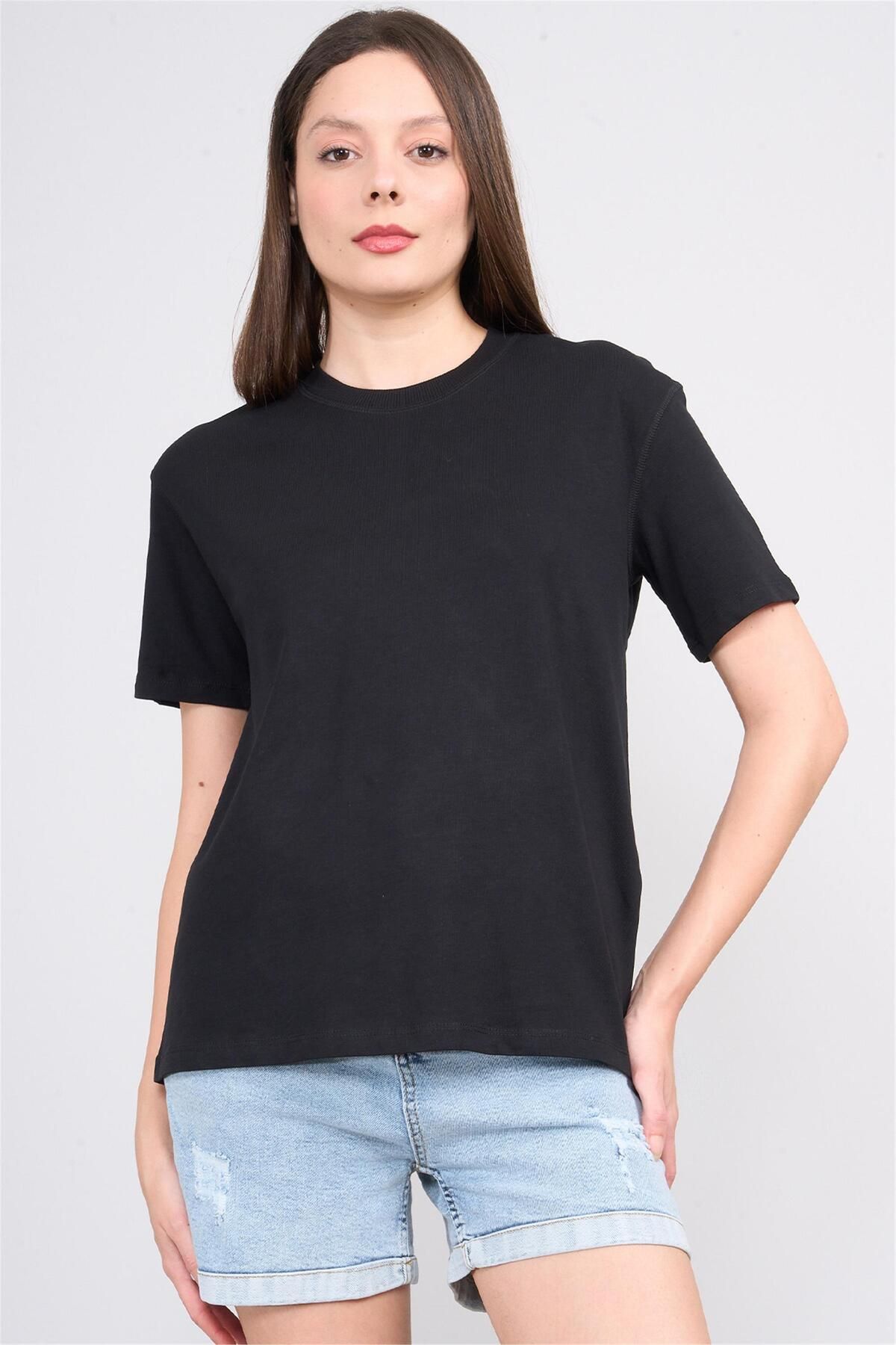 Viomi İkoll 1004623 Siyah Kadın Karyoka Dıkıs Detaylı T-Shirt