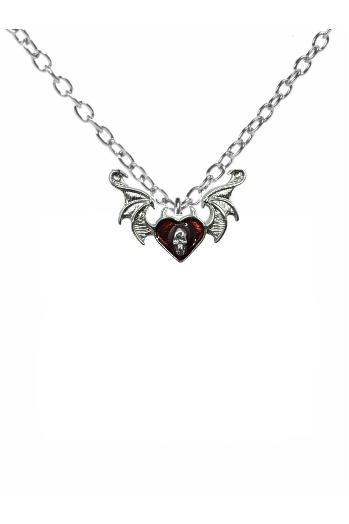 Herşey Nota Kırmızı Yarasa Kanatlı Skull Heart Unisex Gotik Kolye – Aşkın Karanlık Yüzü
