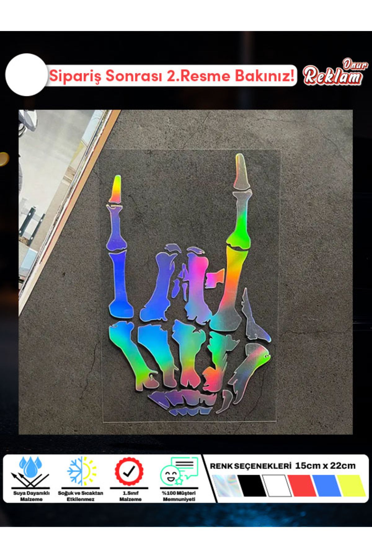 Onur Reklam İskelet El Rock İşareti Sticker – Suya Dayanıklı, 15x22 cm (Renk Seçenekli)