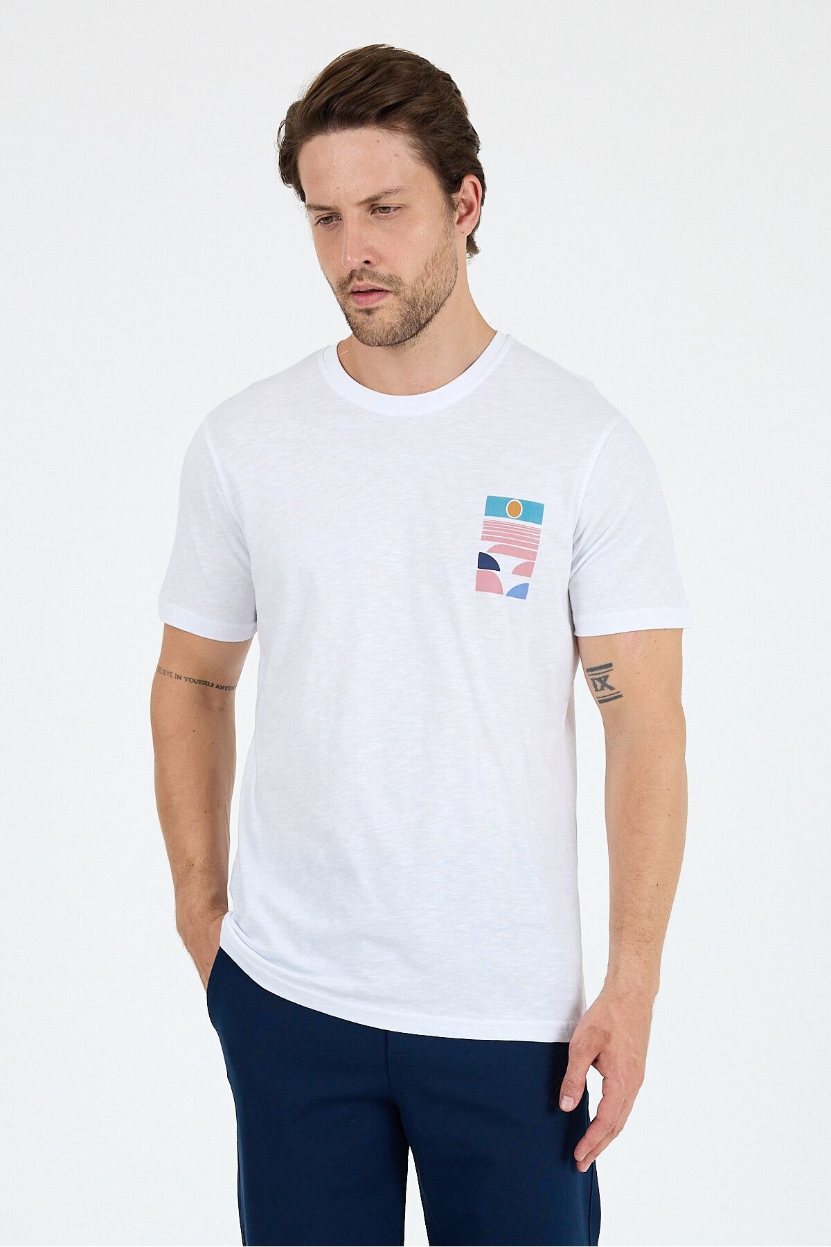 Rodi Erkek %100 Pamuk Bisiklet Yaka Kısa Kollu Baskılı T-Shirt Rahat ve Şık Günlük Tişört 0005