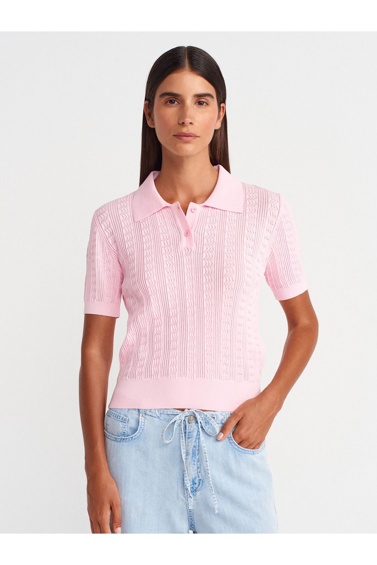 Dilvin 10781 Polo Yaka Düğmeli Ajurlu Triko Bluz-Pembe