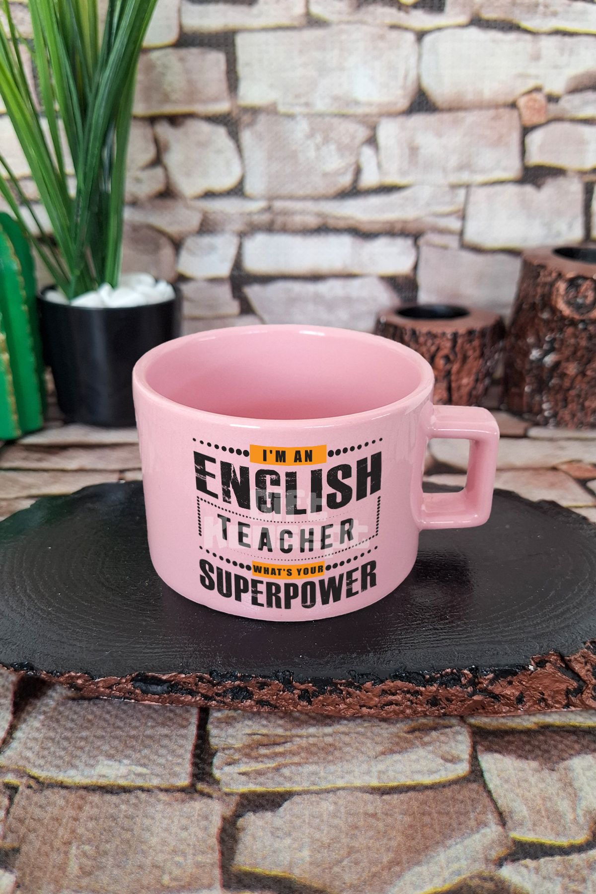 giftkonsept English Teacher Superpower Baskılı İngilizce Öğretmeni Kare Kulplu Fincan Pembe Kupa Bardak
