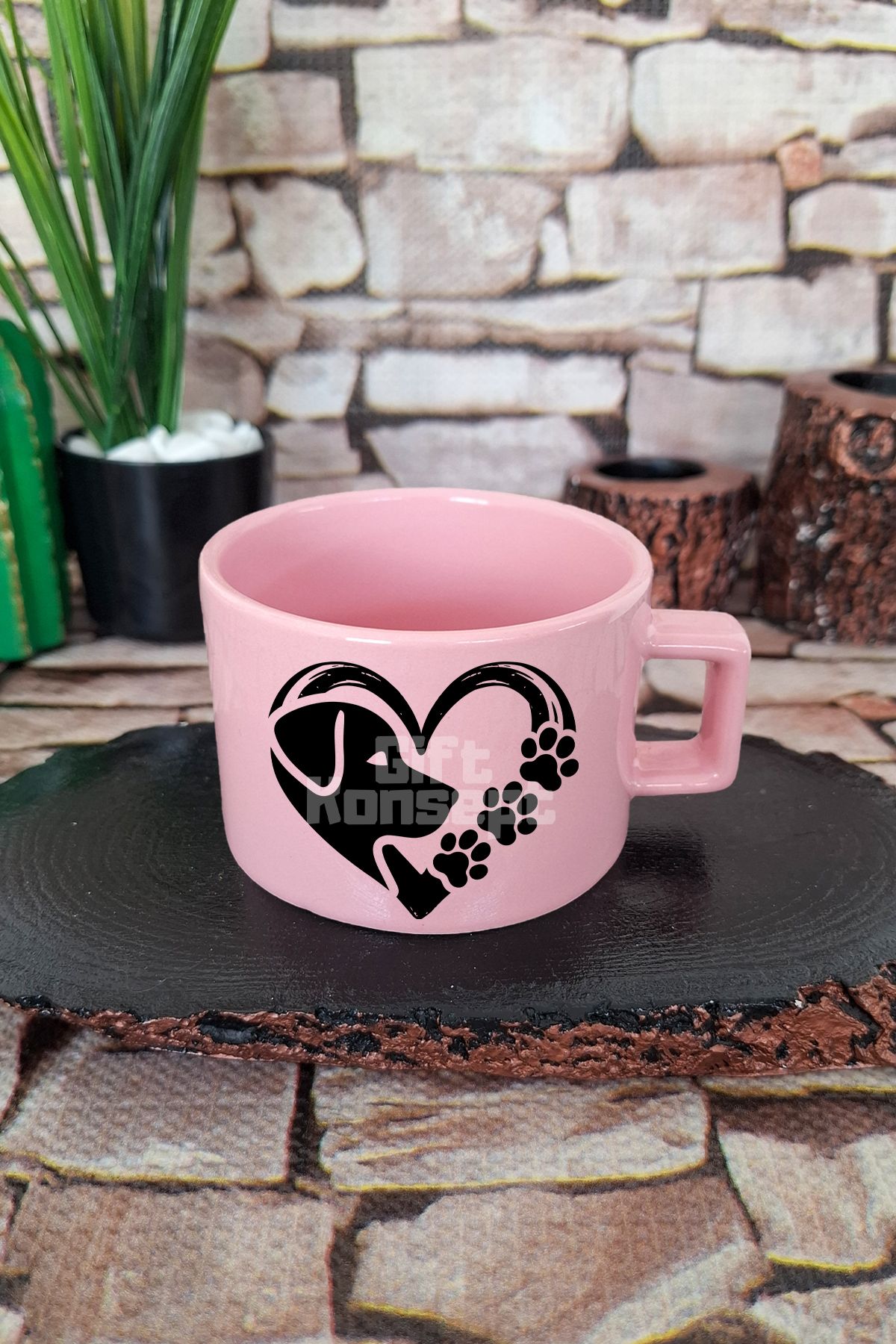 giftkonsept Dog Paw Heart Baskılı Köpek Pati Kalp Köpeksever Aşkı Kare Kulplu Fincan Pembe Kupa Bardak