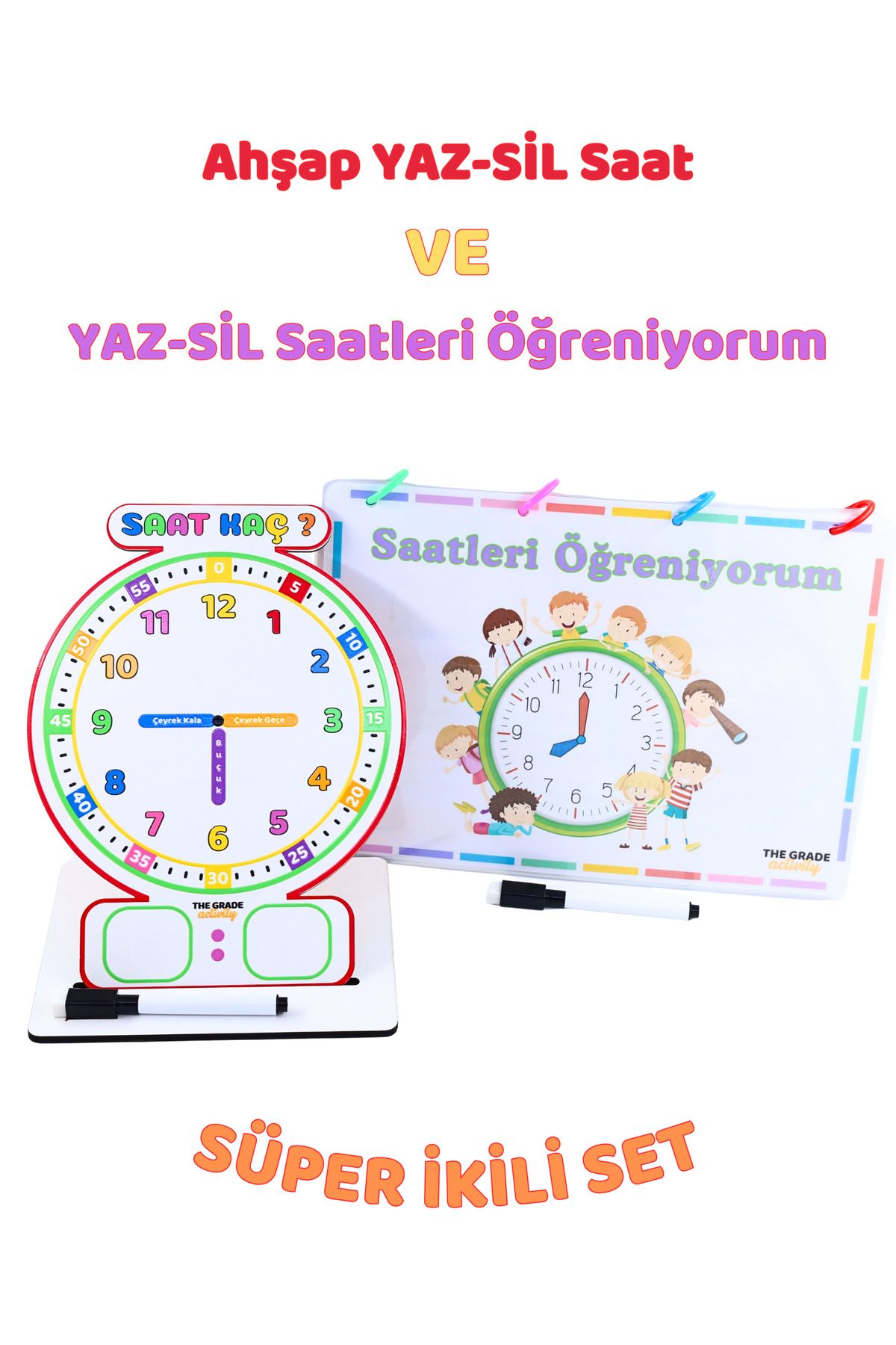 The Grade Yaz Sil Saat Etkinlikleri ve Ahşap Saat Set Montessori Saat Eğitici Set Eğitim seti Saat öğrenme