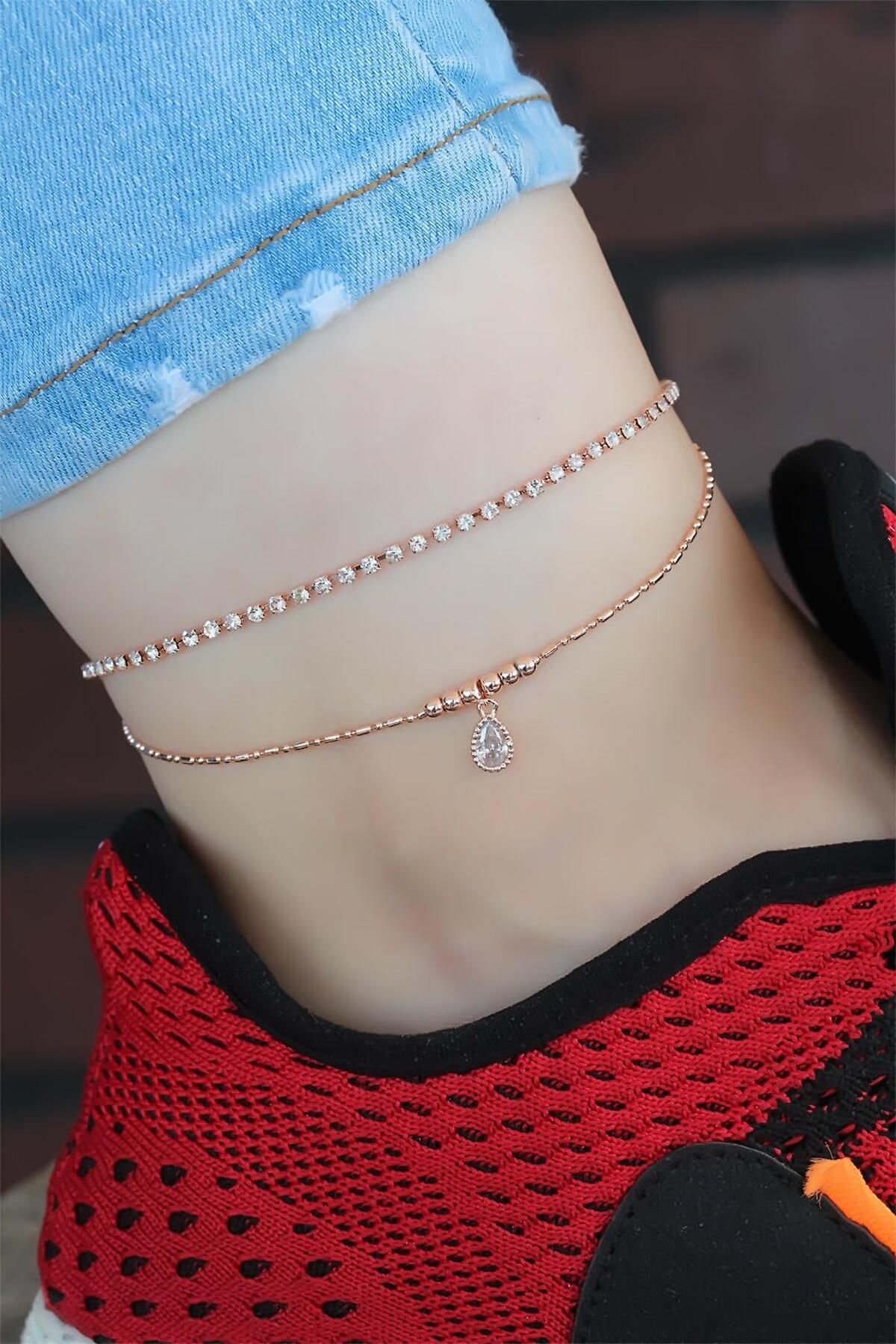 Moco Zirkon Taşlı Rose Renk Kaplama Çift Zincirli Hal Hal