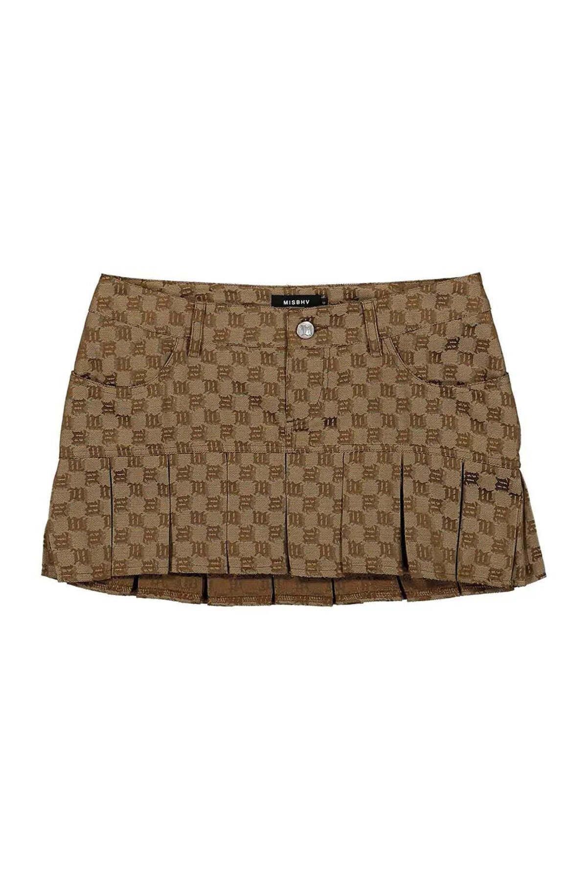 American Rag Cie Biscotto Monogram Kloş Etek - Kahverengi, Jacquard Desenli Mini Etek