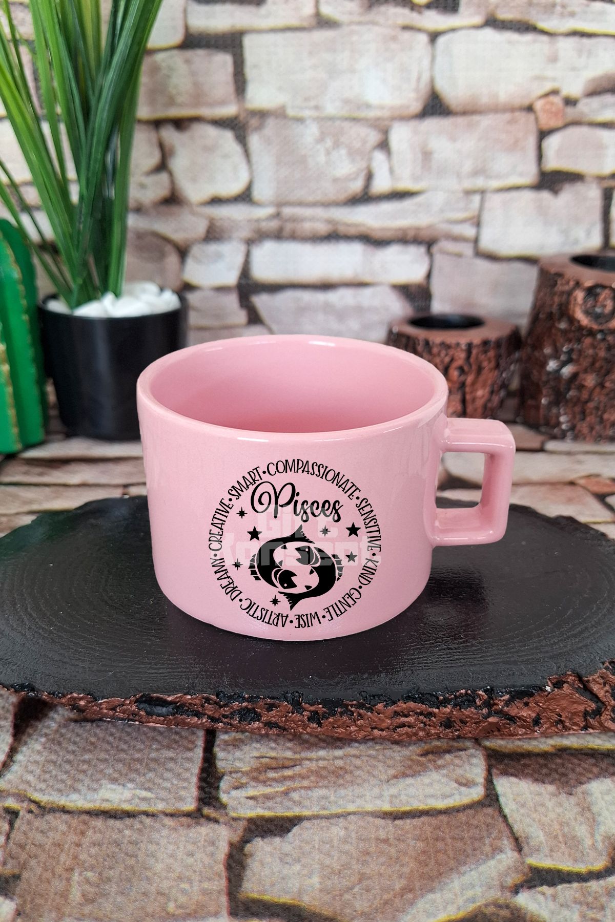 giftkonsept Pisces Personality Traits Temalı Balık Burcu Kare Kulplu Fincan Pembe Kupa Bardak