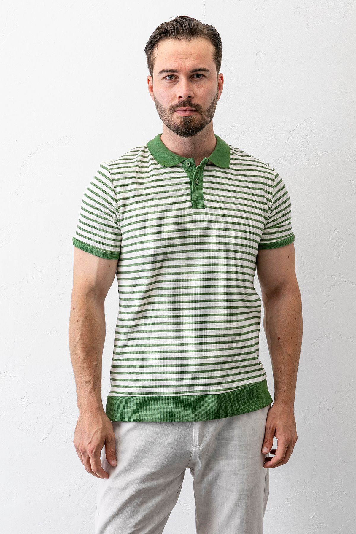 JB John Borners Erkek Polo Yaka Düğme Detaylı Çizgili T-Shirt Yeşil - 2999-2