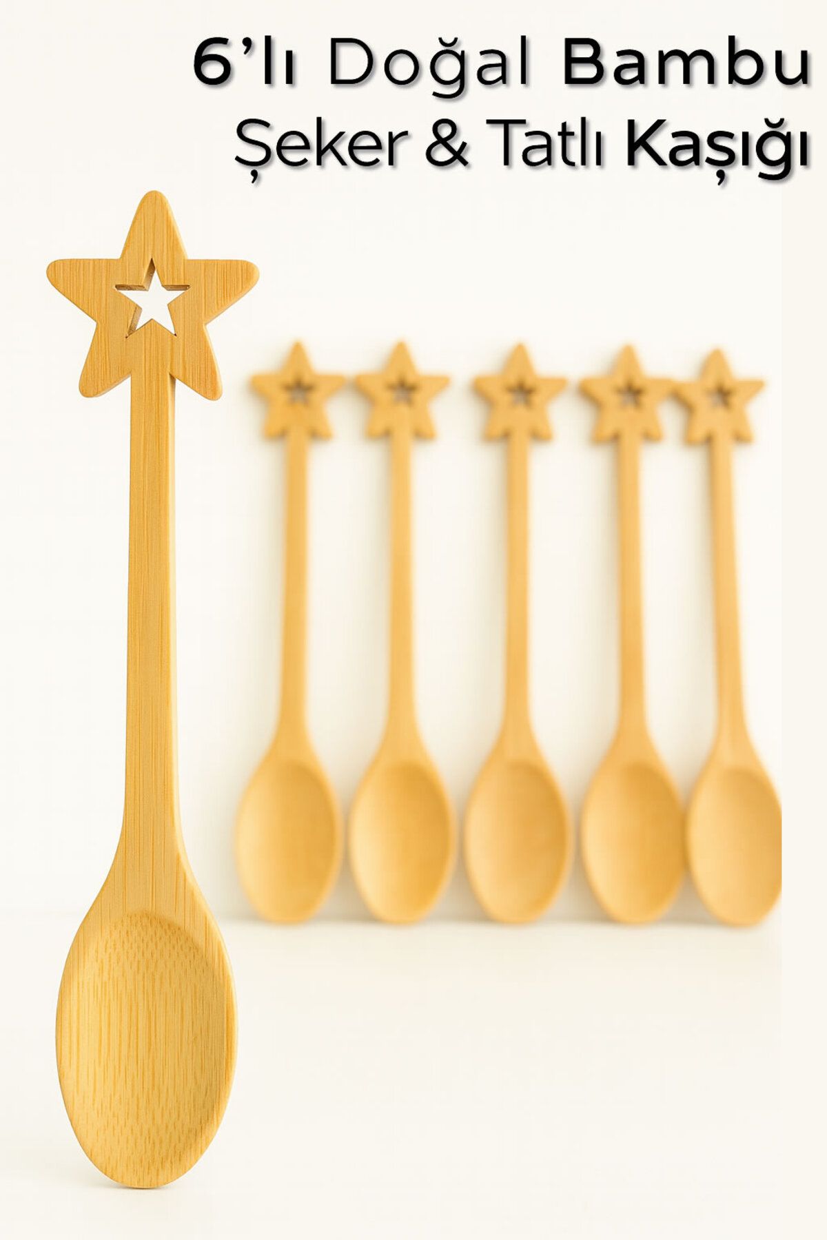 ARVALE 6'lı Doğal Bambu Yıldız Desenli Şeker & Tatlı Kaşığı | 6'lı Set