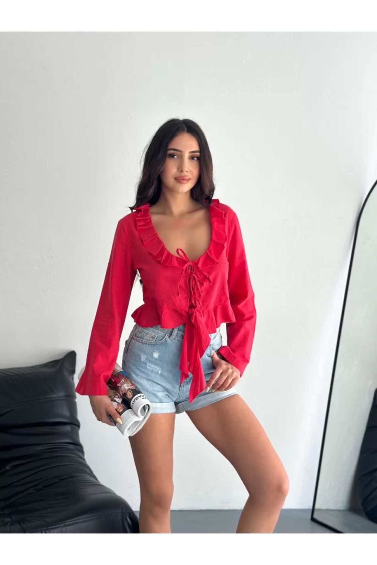 ruum fashions Keten Uzun Kol Bağacık Detaylı Bluz
