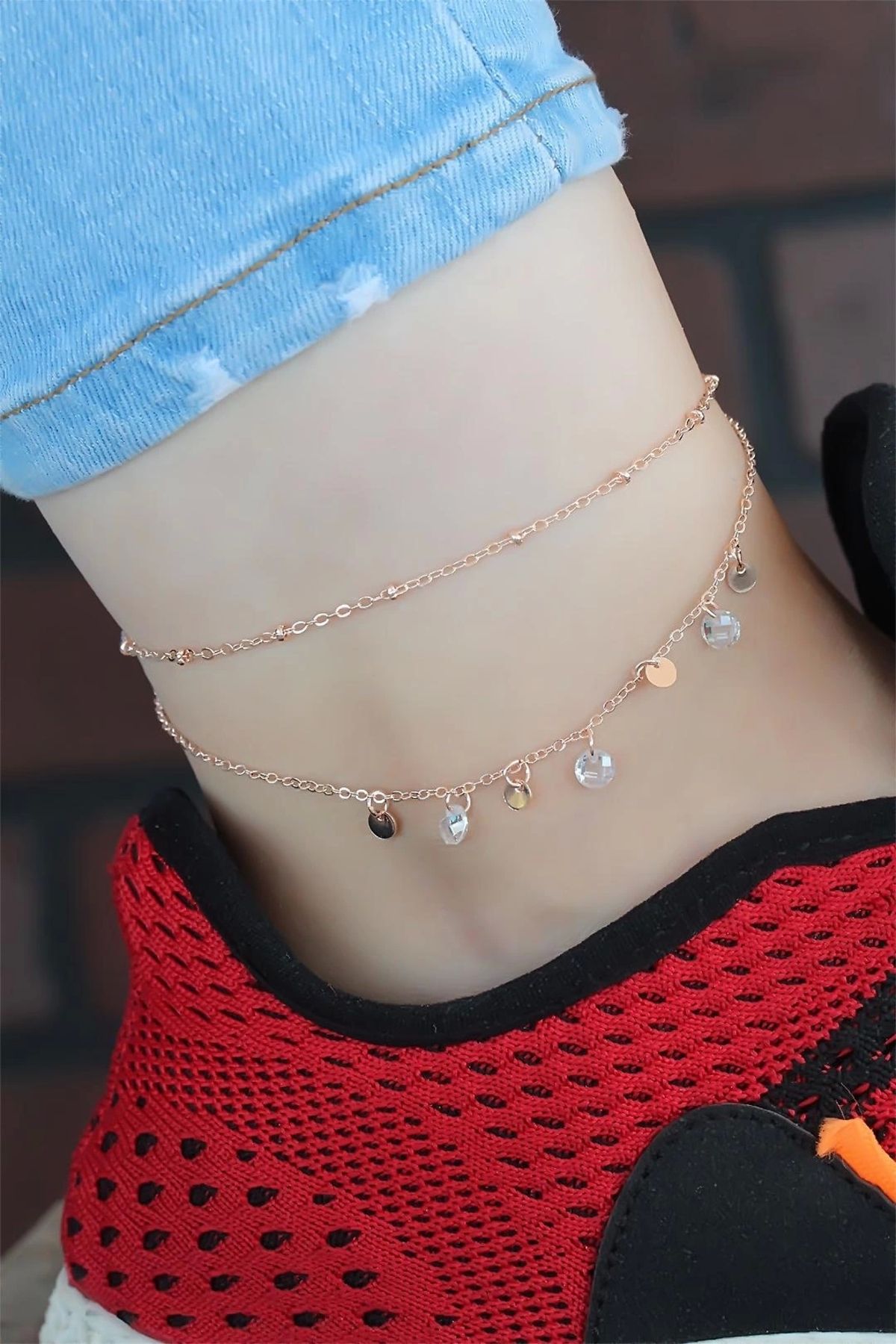Moco Zirkon Taşlı Rose Renk Çift Zincirli Hal Hal