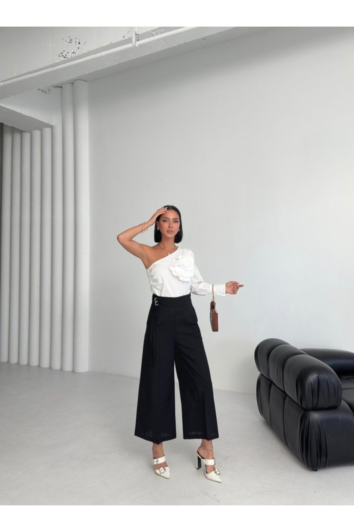 isez Keten Toka Detayli Bilek Boy Wide Leg Pantolon
