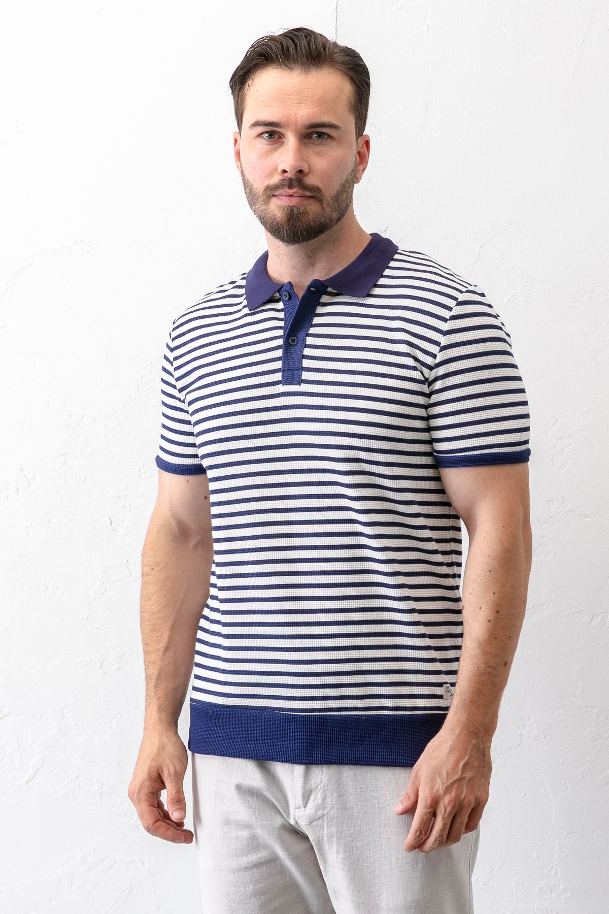 JB John Borners Erkek Polo Yaka Düğme Detaylı Çizgili T-Shirt Lacivert - 2999-2