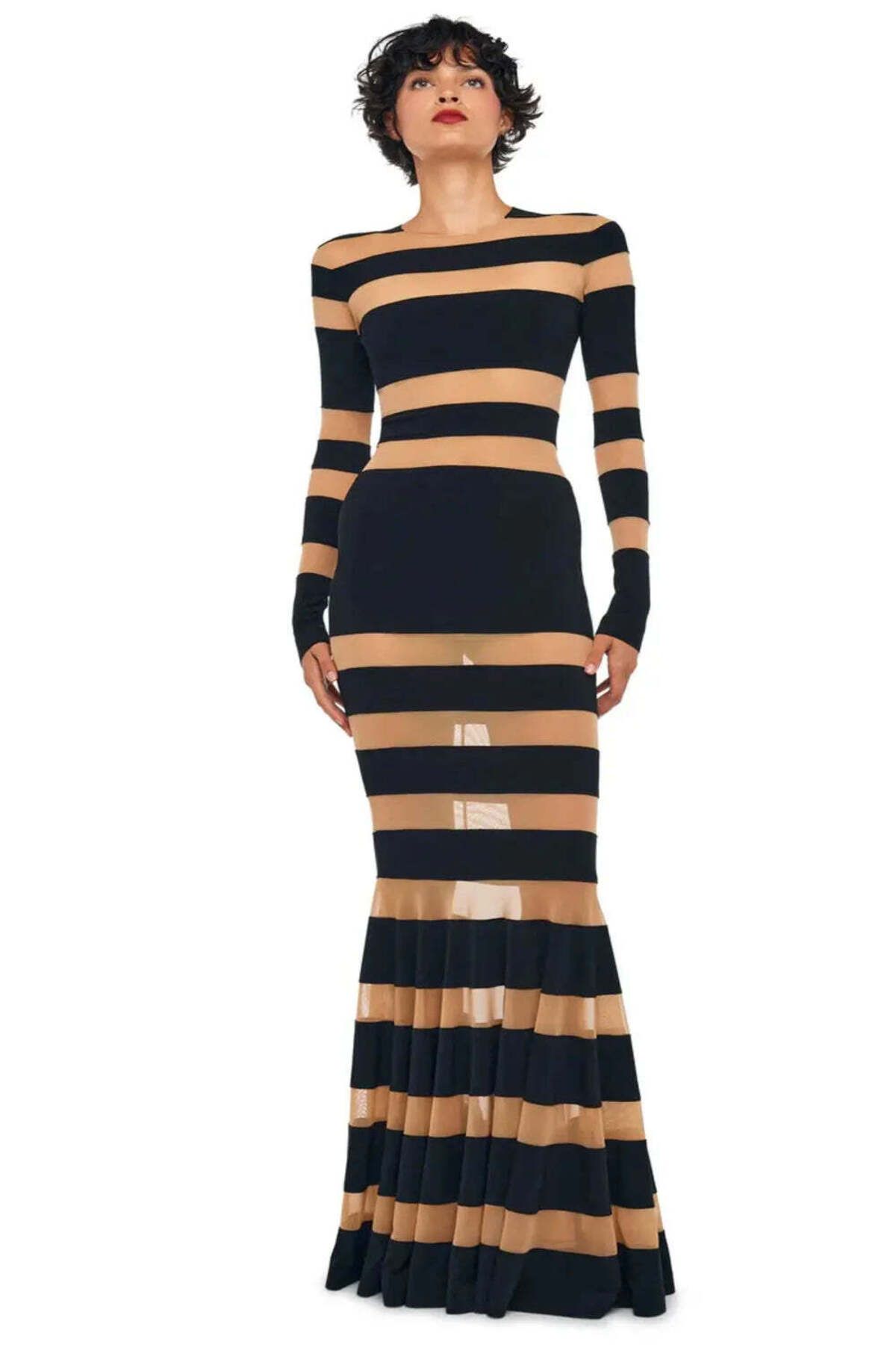 American Rag Cie Spliced Dress Fishtail Gown - Uzun Kollu, Fit & Flare, Şeffaf Dantel Detaylı Elbise