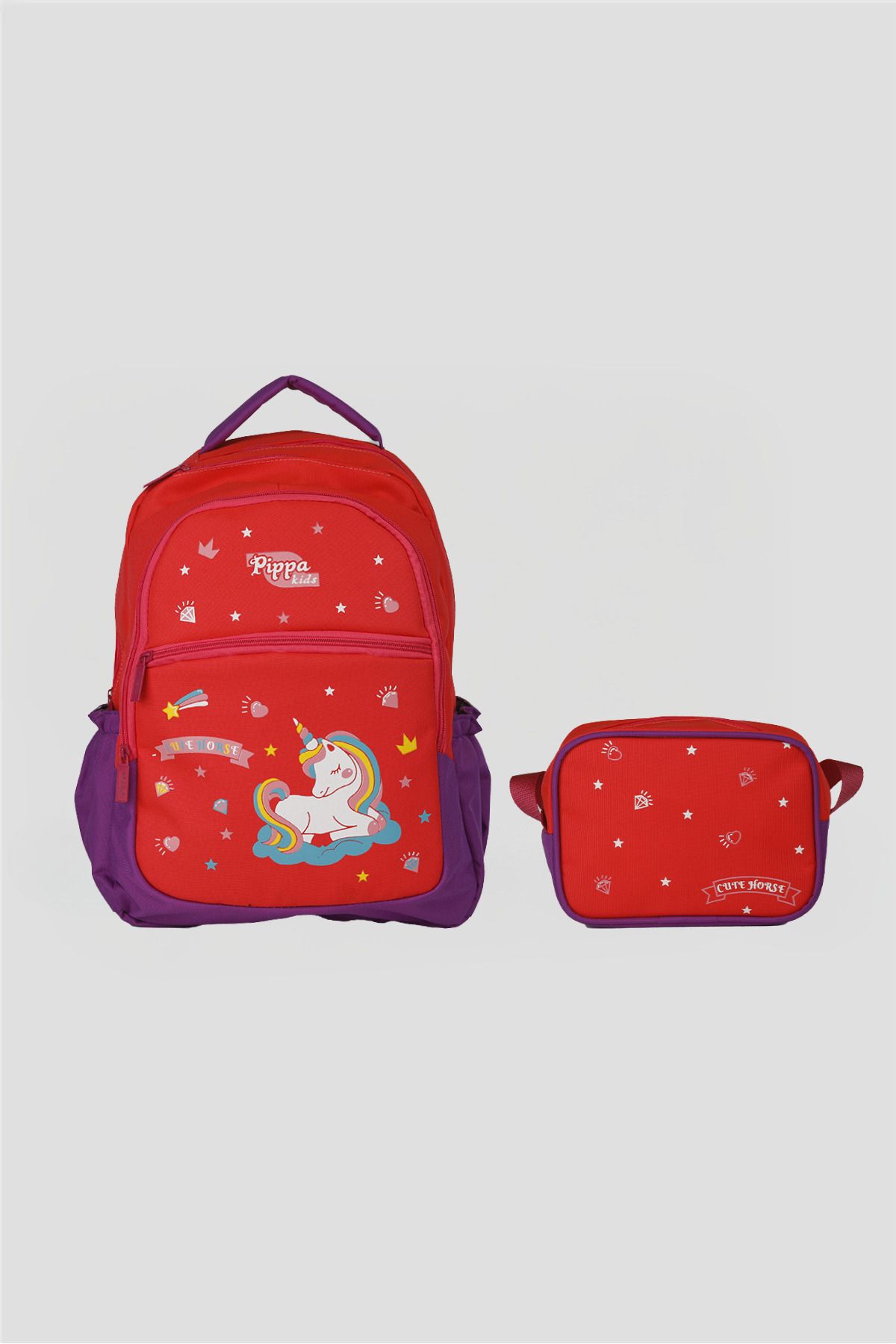 Catwins Kırmızı Unicorn Beslenmeli Okul Sırt Çantası 2'li Set