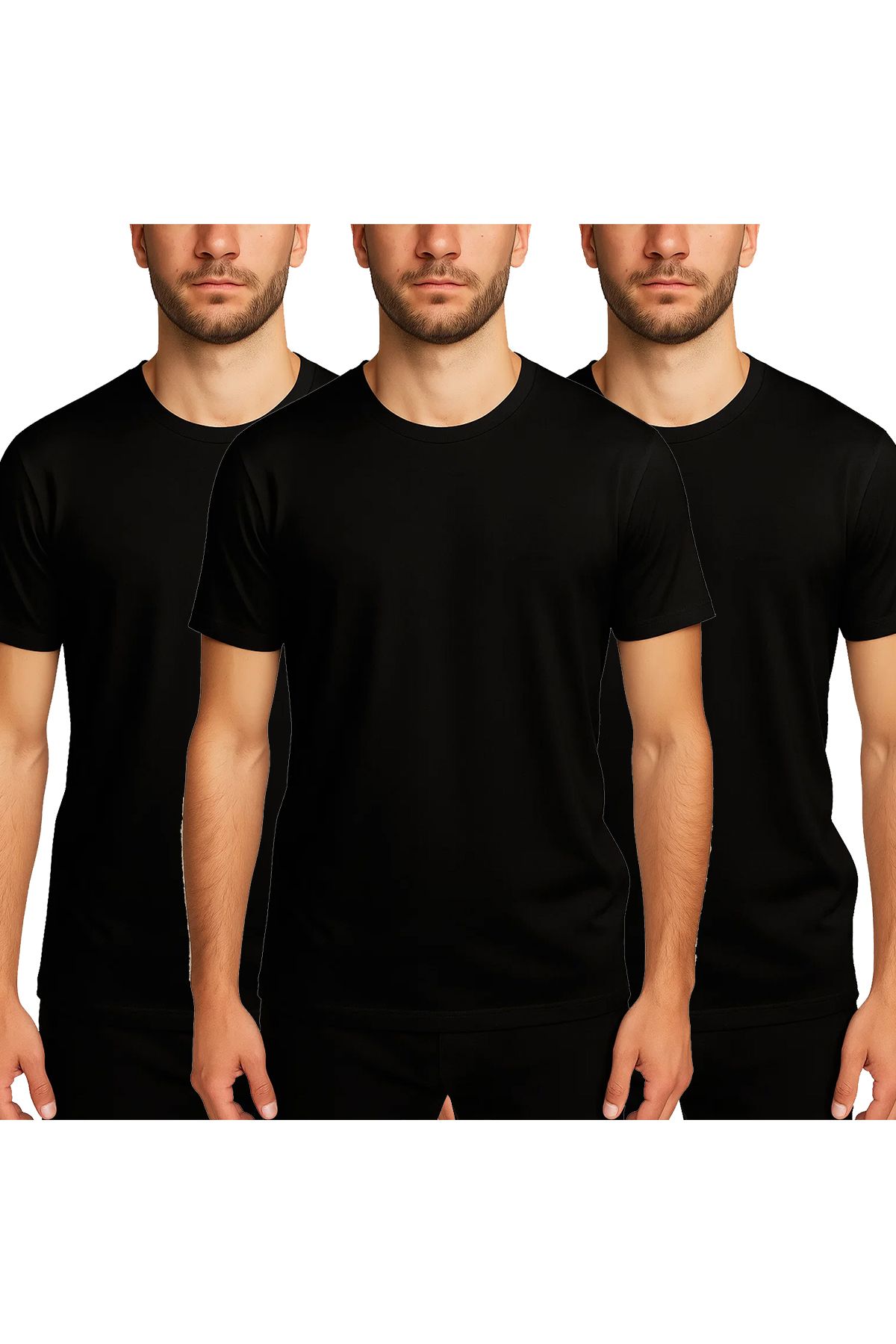 BRAINWEAR Erkek 3'lü Paket Likralı Pamuklu Düz Basic Tişört - Esnek Rahat Kalıp