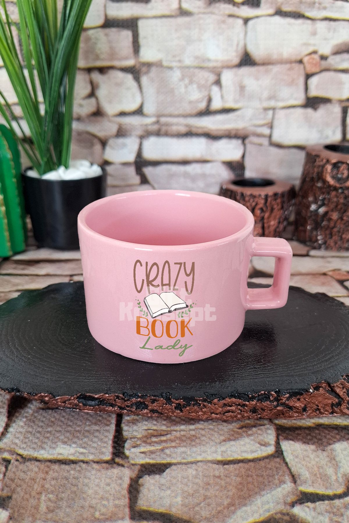giftkonsept Crazy Book Lady Baskılı Kitap Delisi Kadın Kare Kulplu Fincan Pembe Kupa Bardak