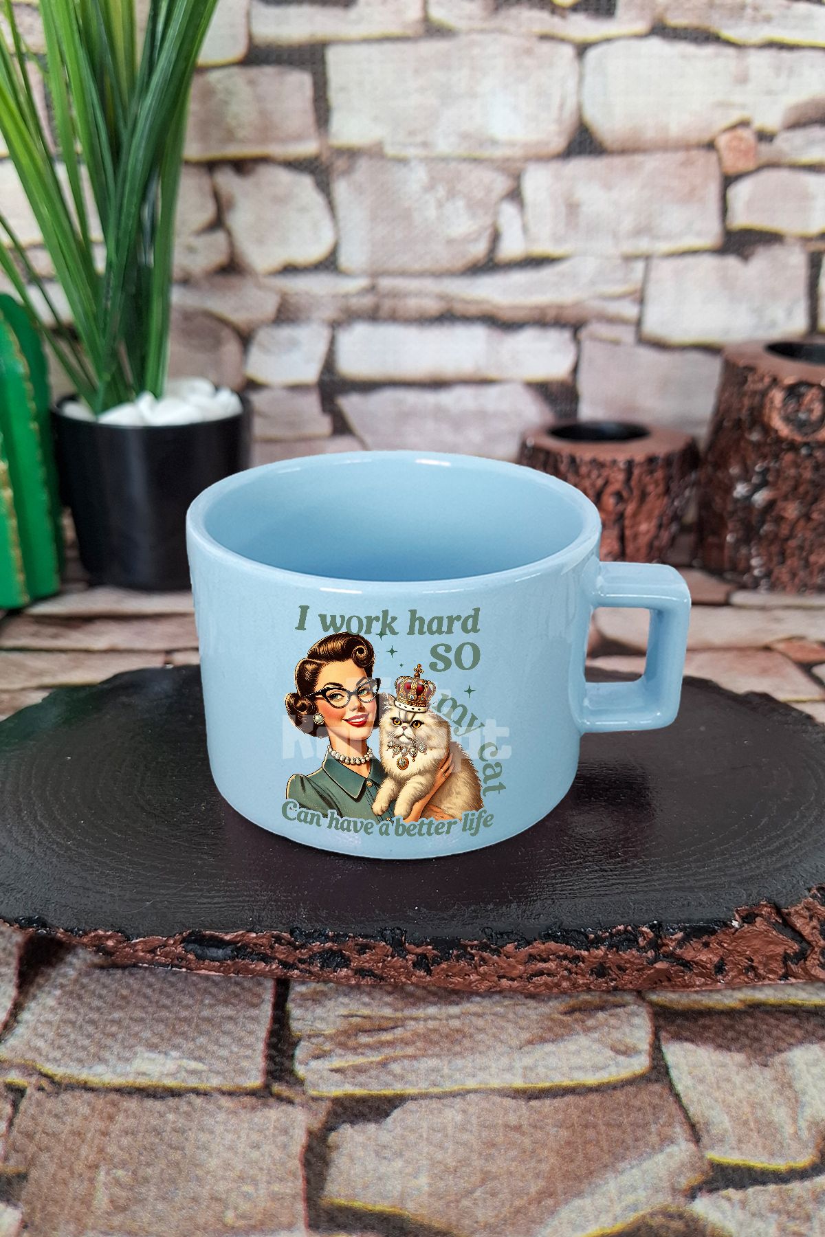 giftkonsept I Work Hard So My Cat Can Have A Better Life Temalı Kedi Kare Kulplu Fincan Mavi Kupa Bardak