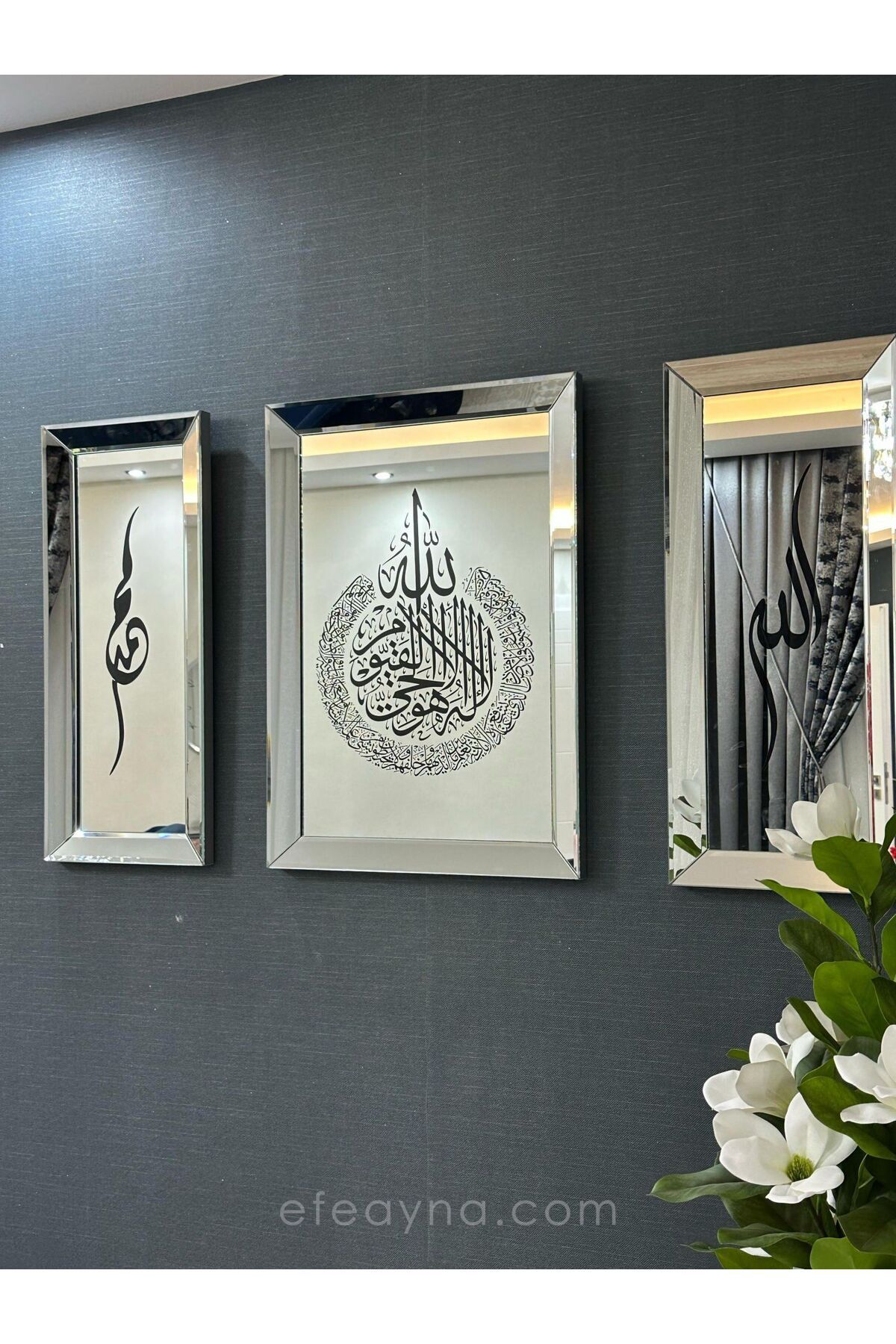 Efe Ayna AYET-EL KÜRSİ-3'LÜ AYNA TABLO SETİ-GÜMÜŞ-BÜYÜK: (Orta tablo 60x90, yan tabloların herbiri 40x90cm)