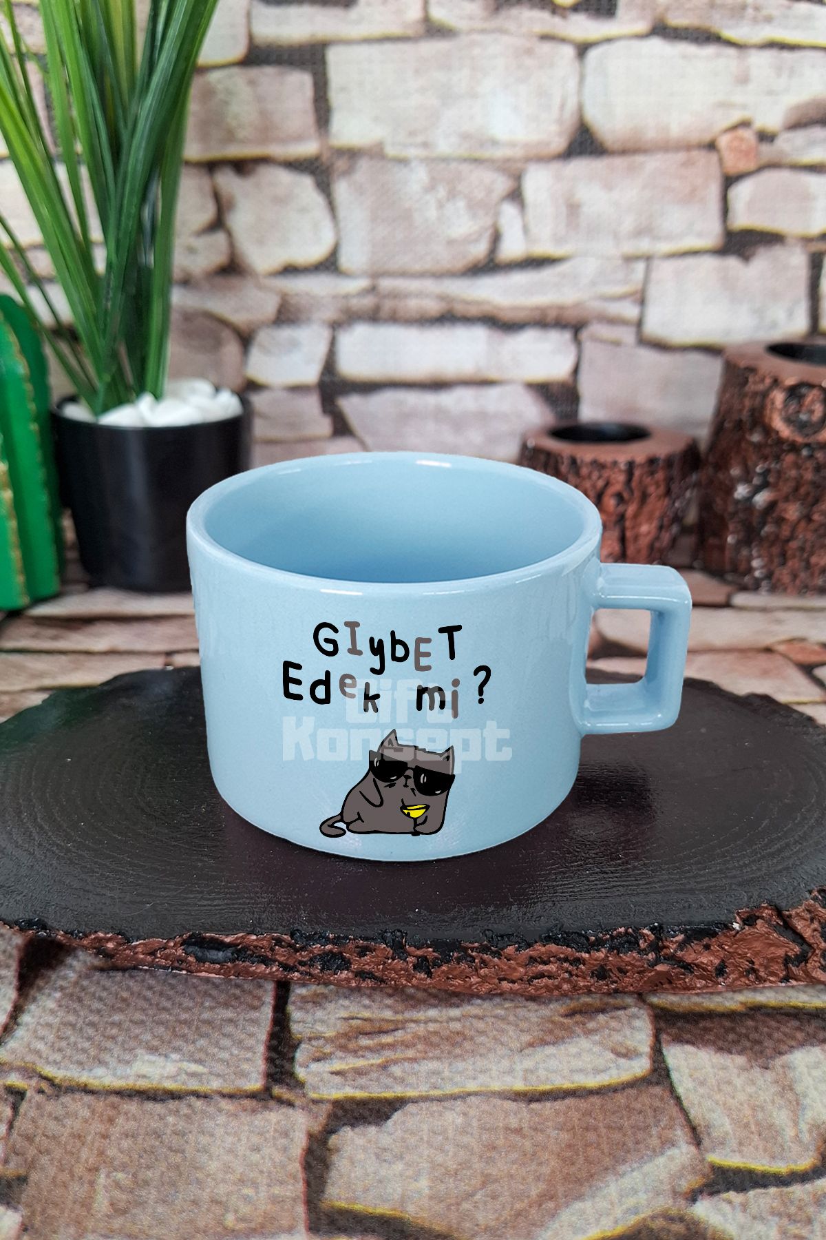 giftkonsept Gıybet Edek Mi Komik Eğlenceli Kare Kulplu Fincan Mavi Kupa Bardak