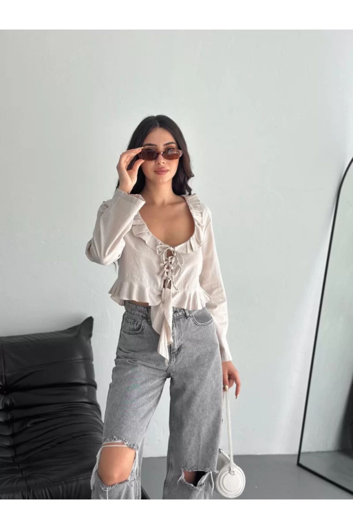ruum fashions Keten Uzun Kol Bağacık Detaylı Bluz
