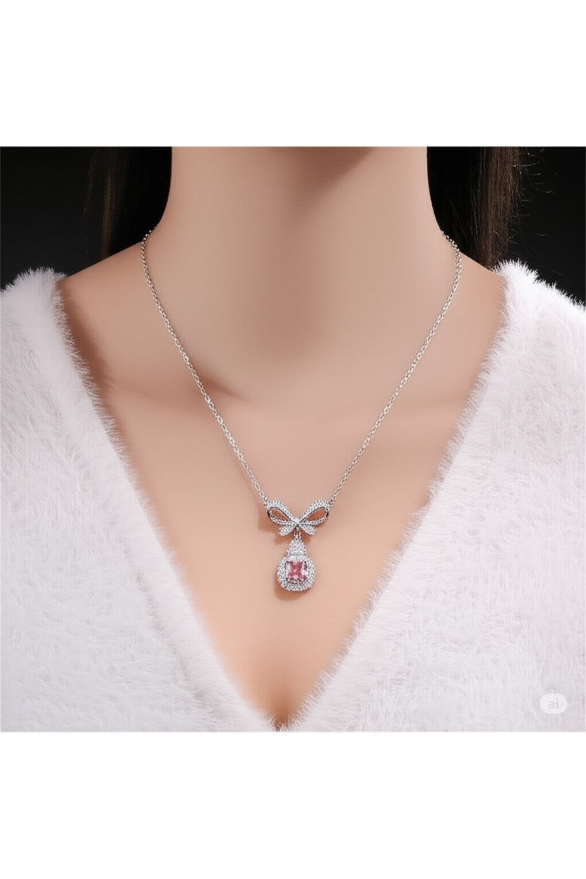 FAMEMUS ACCESSORY Çelik Pembe Taşlı Fiyonklu Kolye
