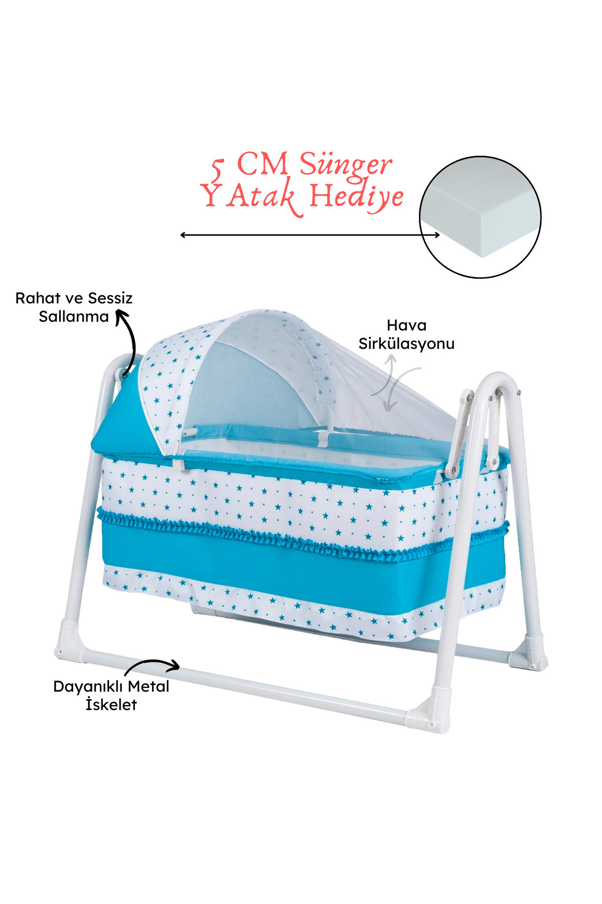 CHUBBY BABY Lüks Sallanır Tenteli Portatif Sepet Beşik 5 CM SÜNGER YATAK
