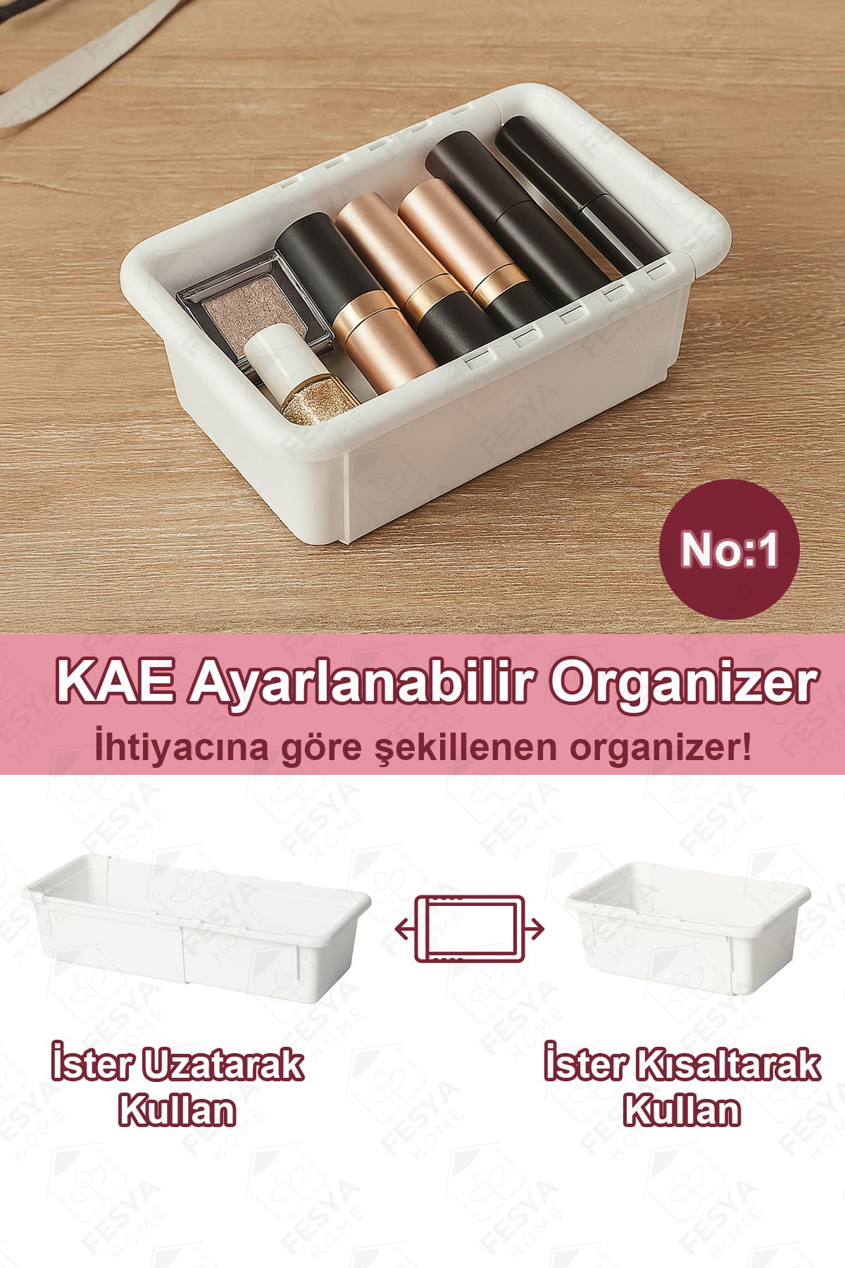 Fesya Home KAE No:1 Genişleyebilir Makyaj Organizeri - Ayarlanabilir Modüler Çekmece İçi Düzenleyici