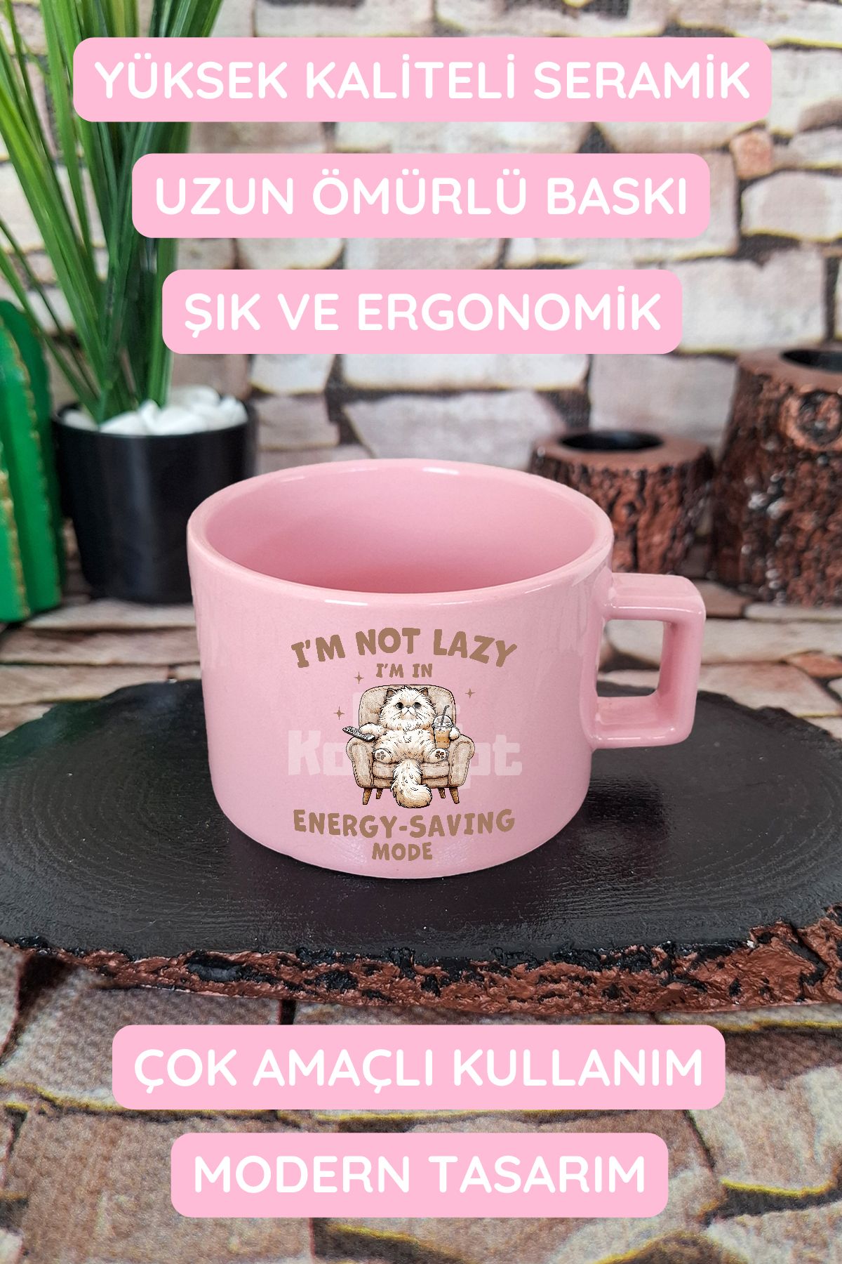giftkonsept-I Am Not Lazy I Am in Energy Save Mode Written Funny Cat Square Cup with Handle Pink Mug Cup 4