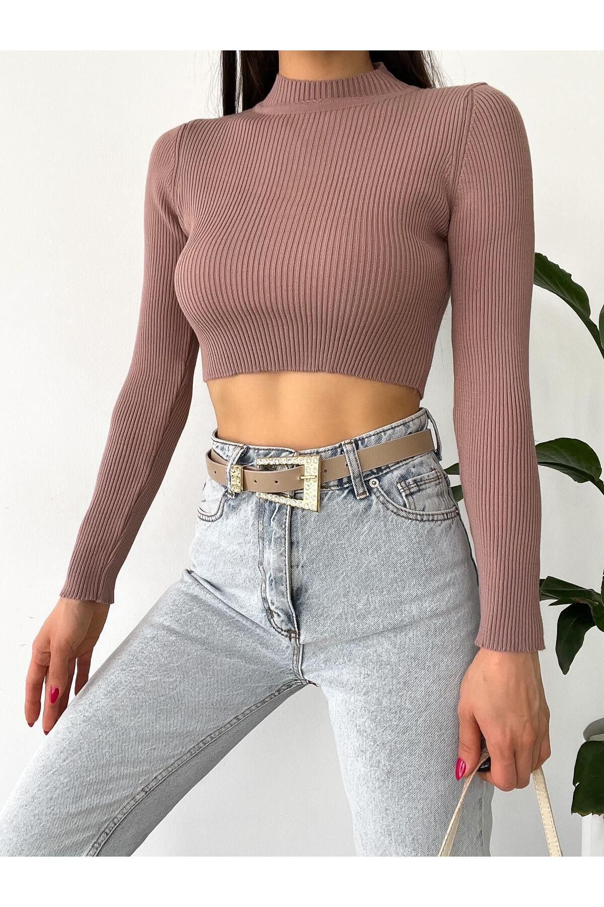 SHEMALL LUXURY Kadın Uzun Kollu Triko Crop Body