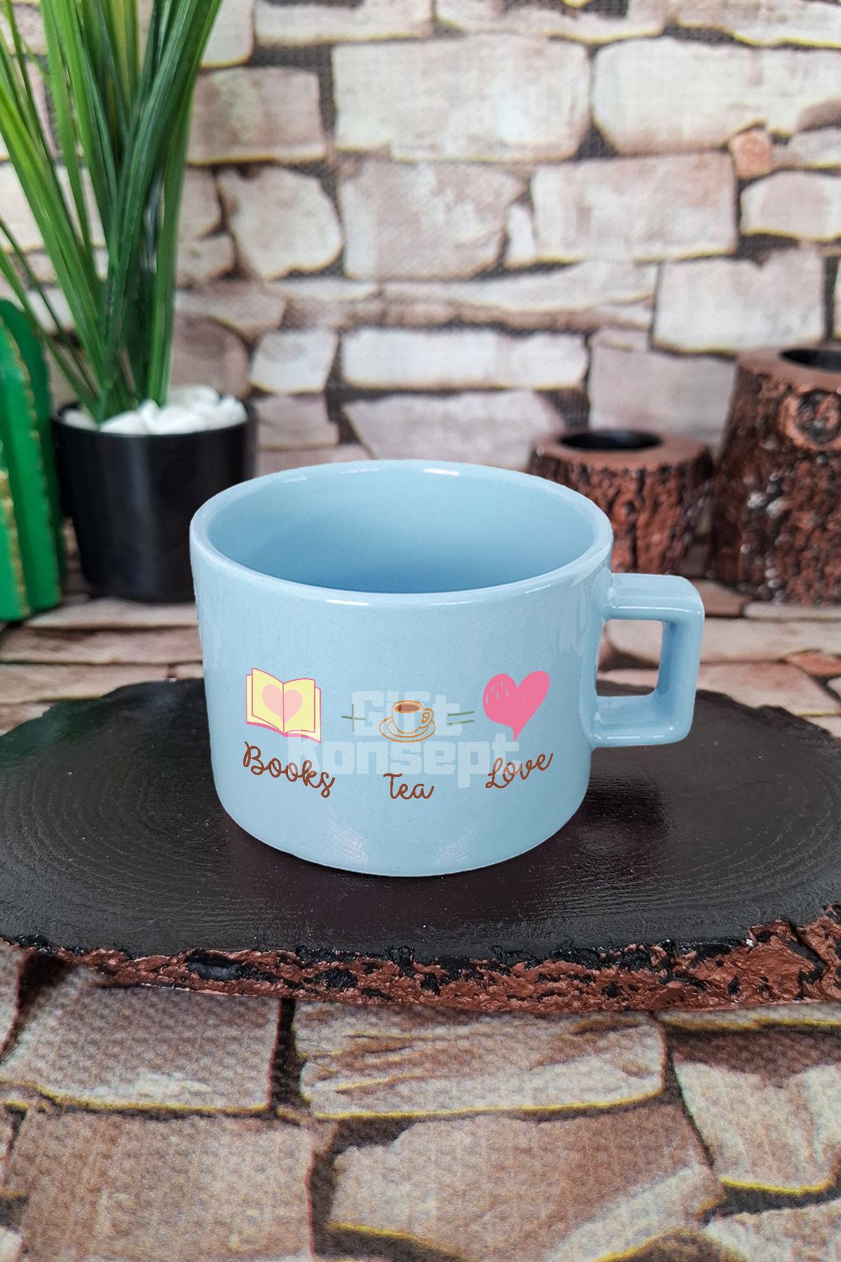 giftkonsept Books Tea Love Temalı Kitap ve Çay Aşkı Kare Kulplu Fincan Mavi Kupa Bardak