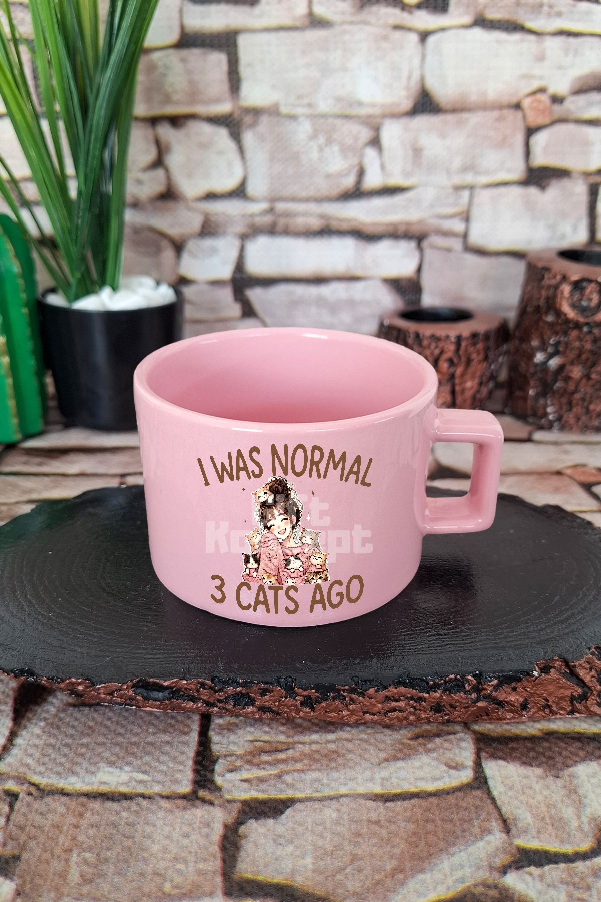 giftkonsept I Was Normal 3 Cats Ago Temalı Komik Kedi Sahibi Mizahı Kare Kulplu Fincan Pembe Kupa Bardak