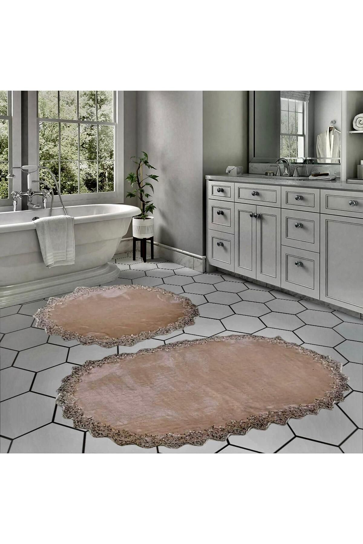 DECORA CASA HOME COLLECTİON Yıkanabilir Dantelli Kaymaz Taban Yumuşacık Banyo Paspası 2li Set (60x100) ve (50x60)