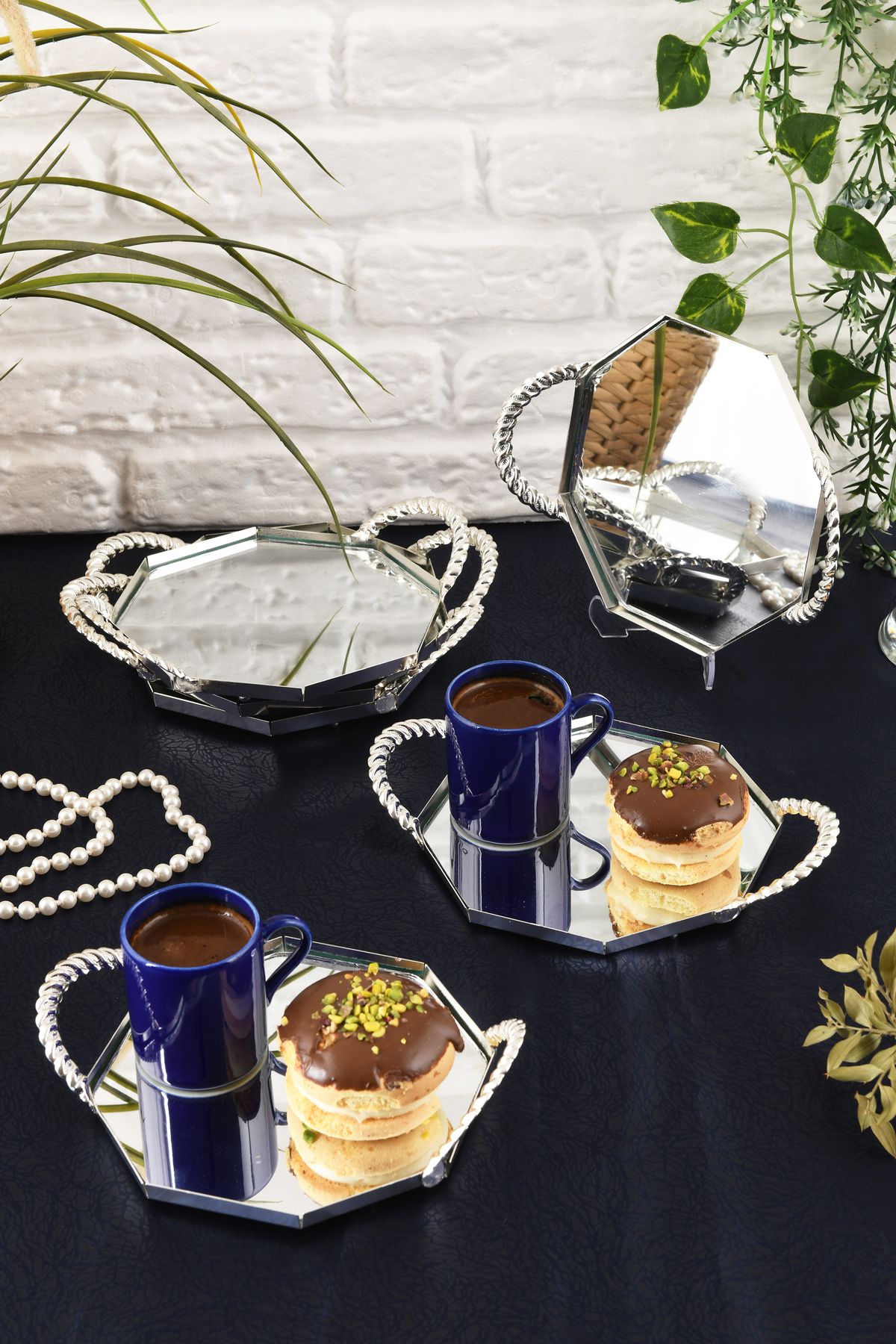 HELVACIOĞLU AKSESUAR 6 Adet Aynalı Kulplu Kahve Pasta, Kek, Baklava, Kurabiye, Çay Sunum Tepsisi 15 cm