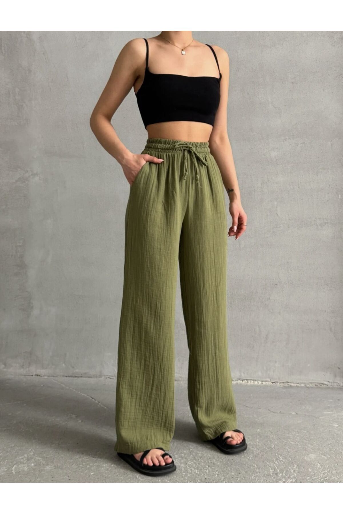 MODA Haki Renkli Müslin İnce Pantalon